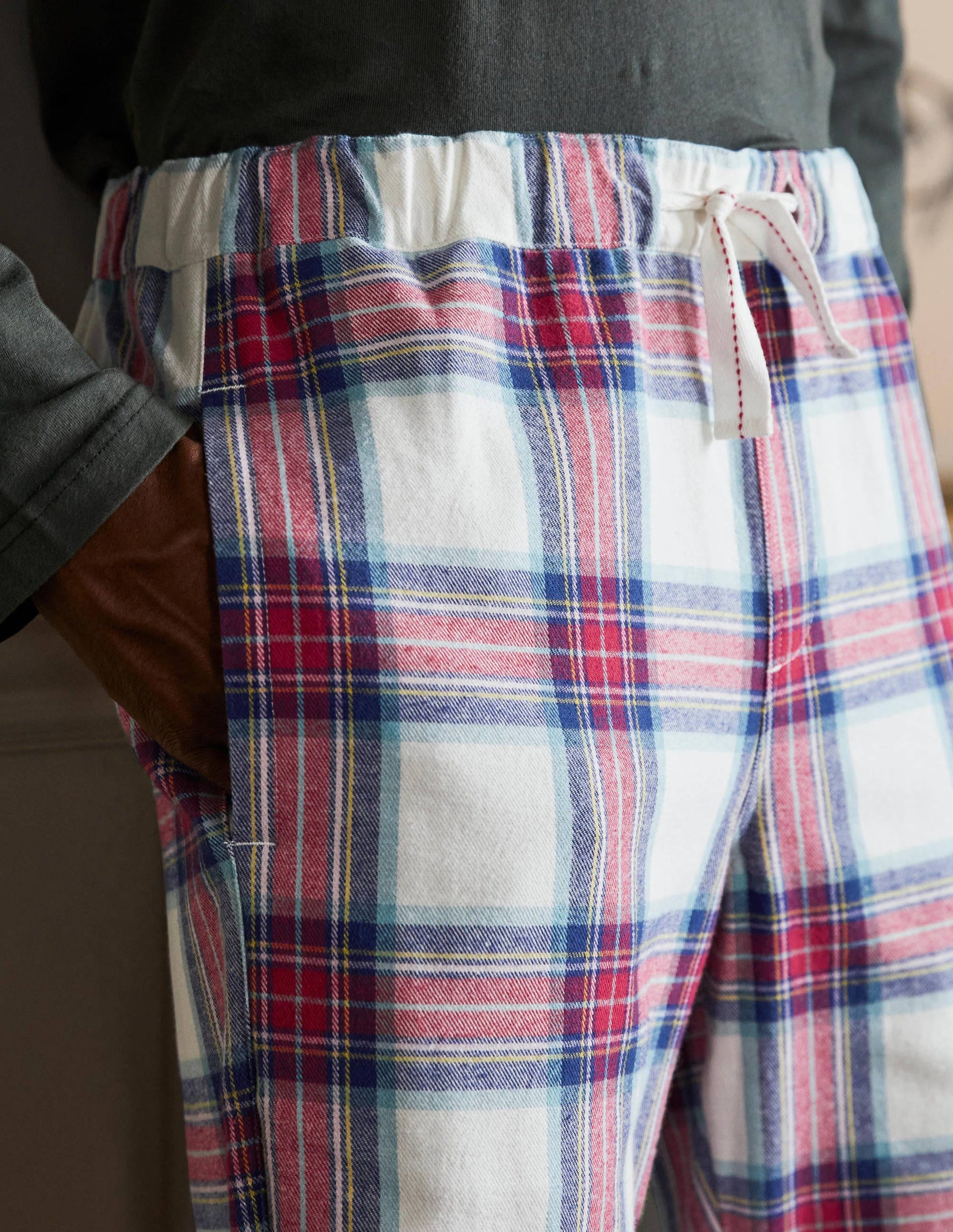 Brushed Cotton Pyjama Bottoms-Ivory/ Rockabilly Red Check-2