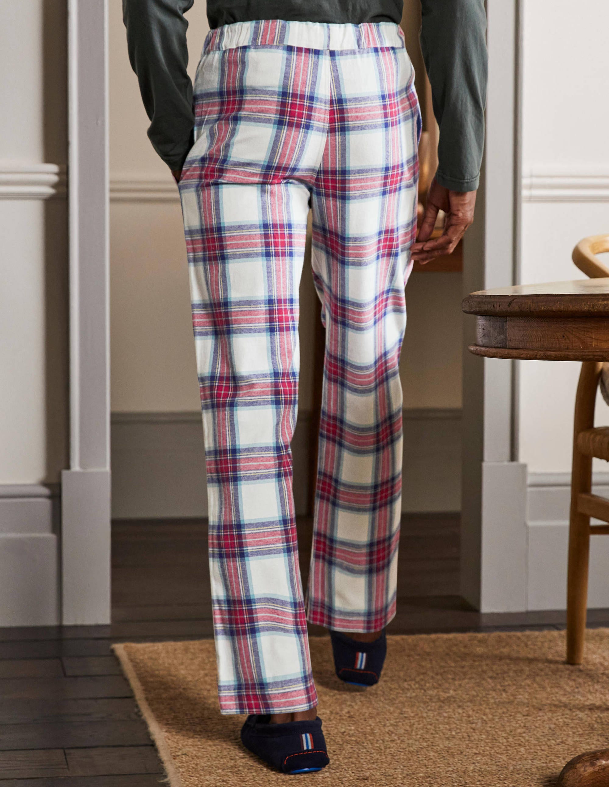 Brushed Cotton Pyjama Bottoms-Ivory/ Rockabilly Red Check - Image 3