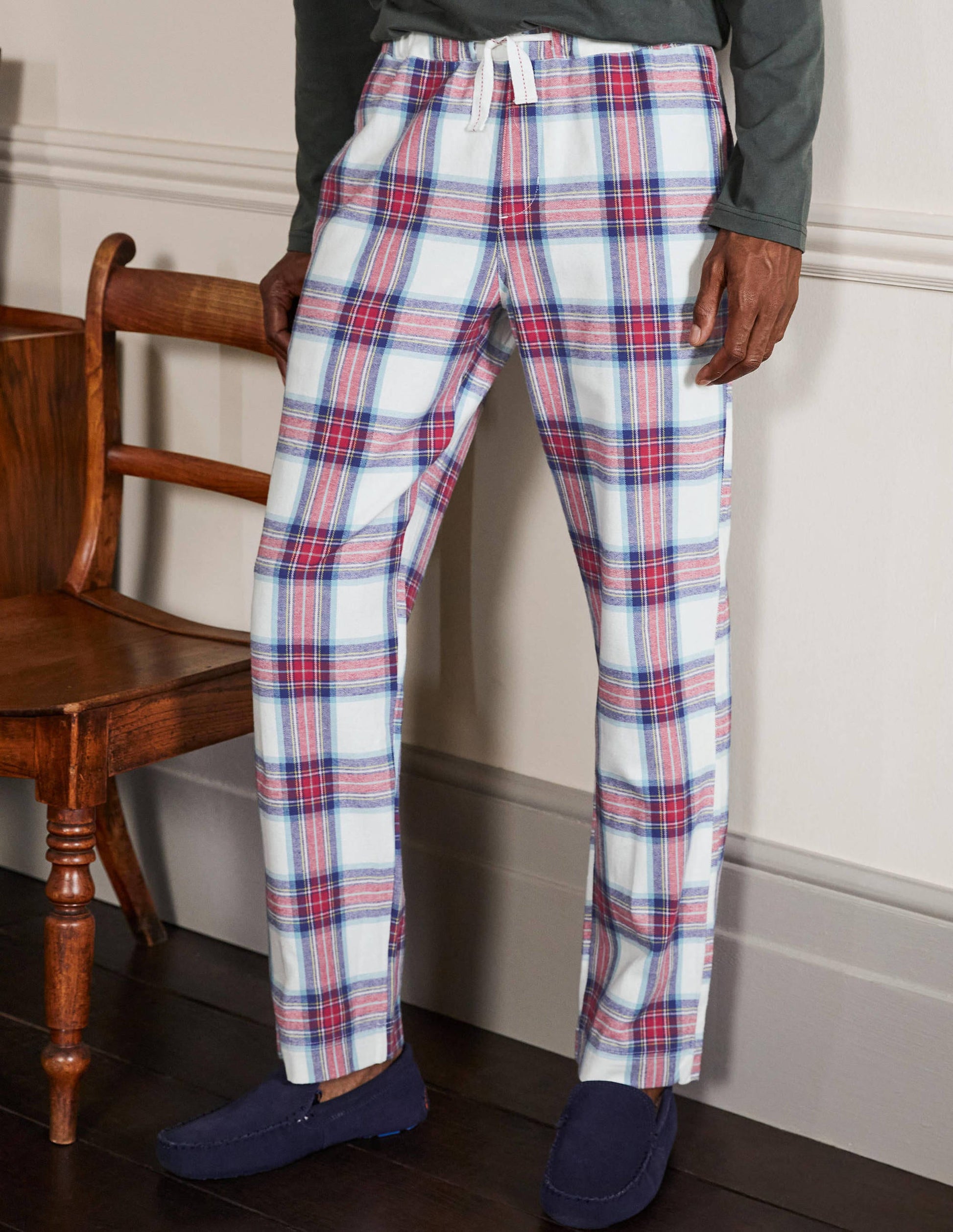 Brushed Cotton Pyjama Bottoms-Ivory/ Rockabilly Red Check-4
