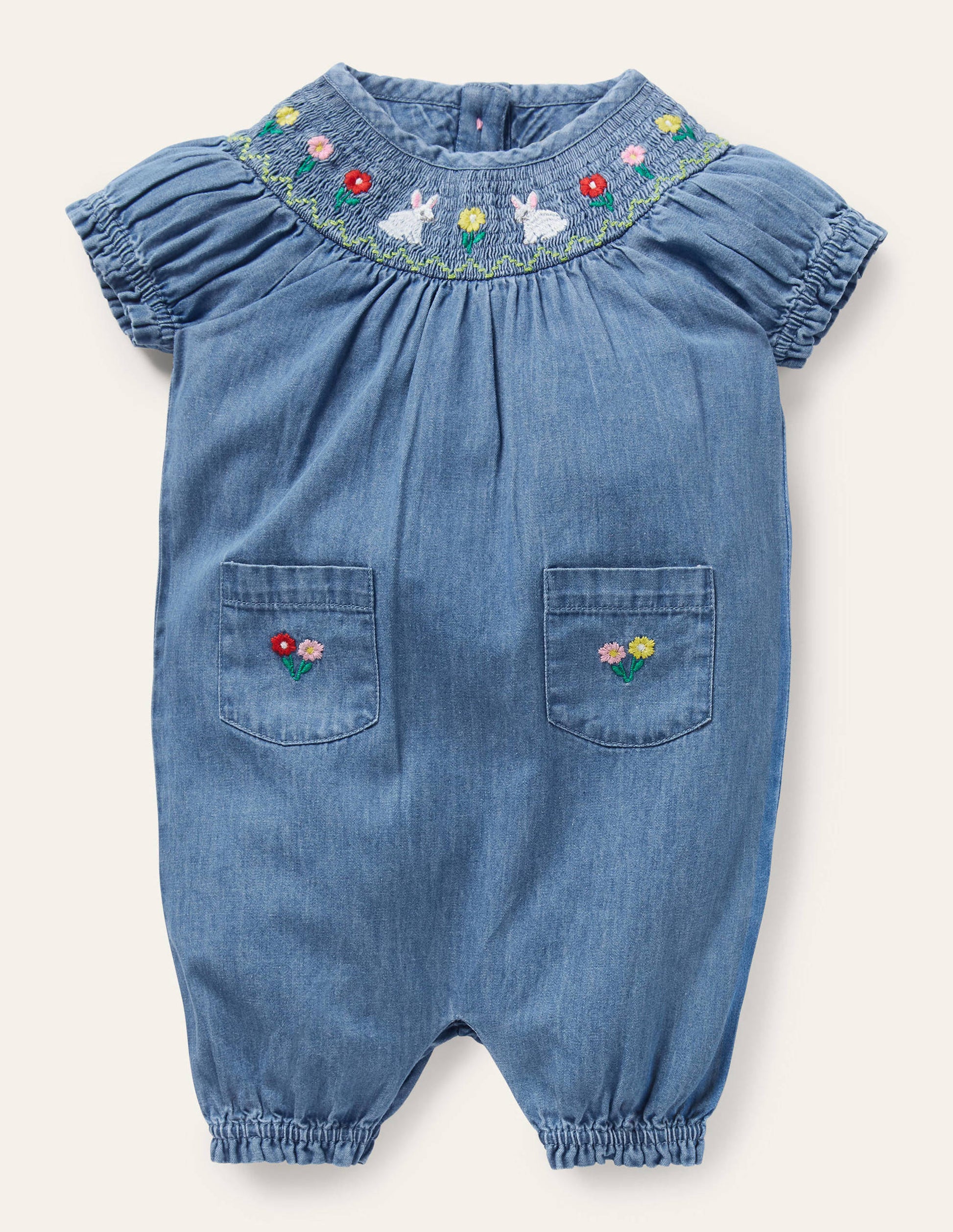 Smocked All-in-One Romper-Chambray Denim-1