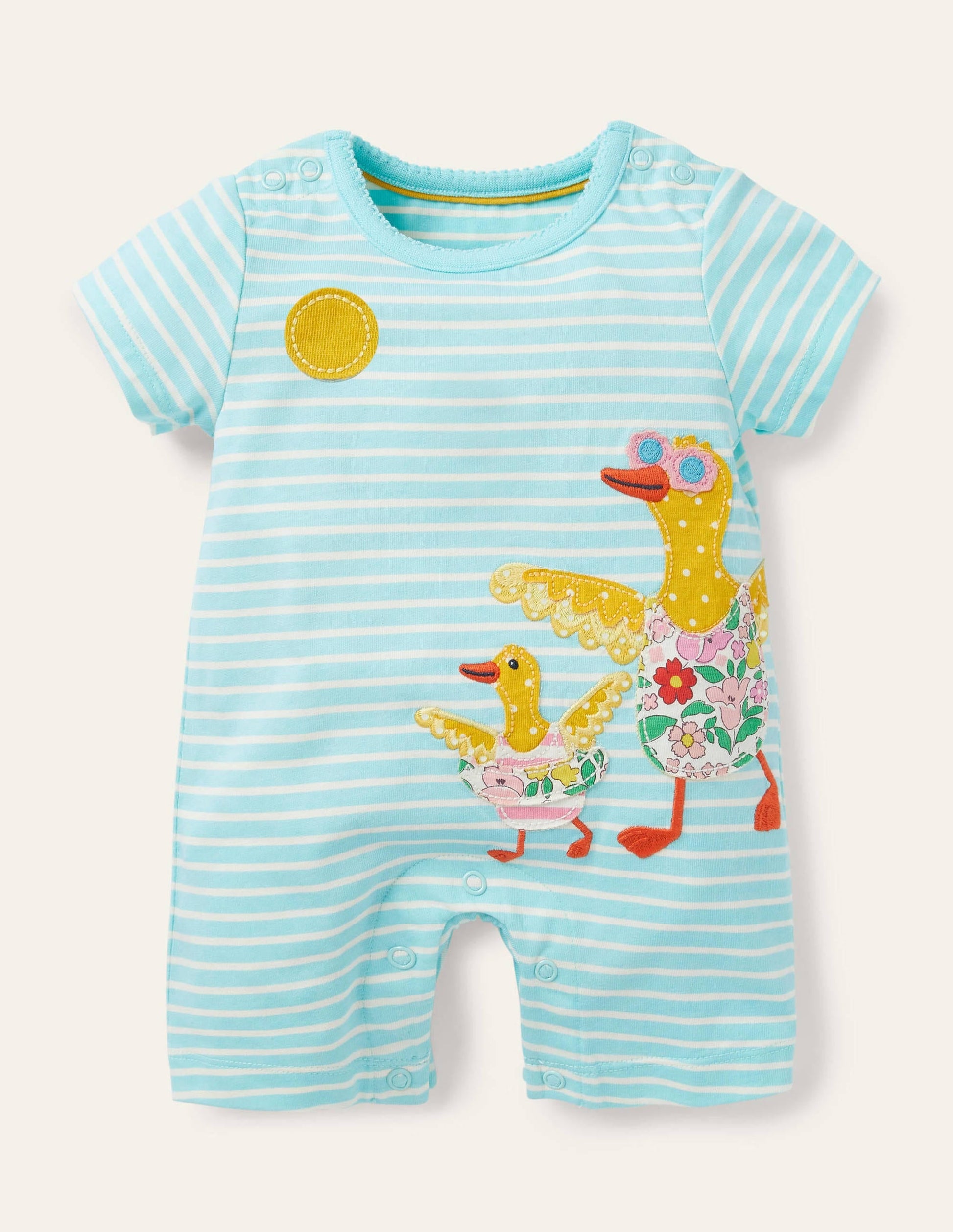 Jersey Appliqué Romper-Ivory/Georgian Blue Ducks-1