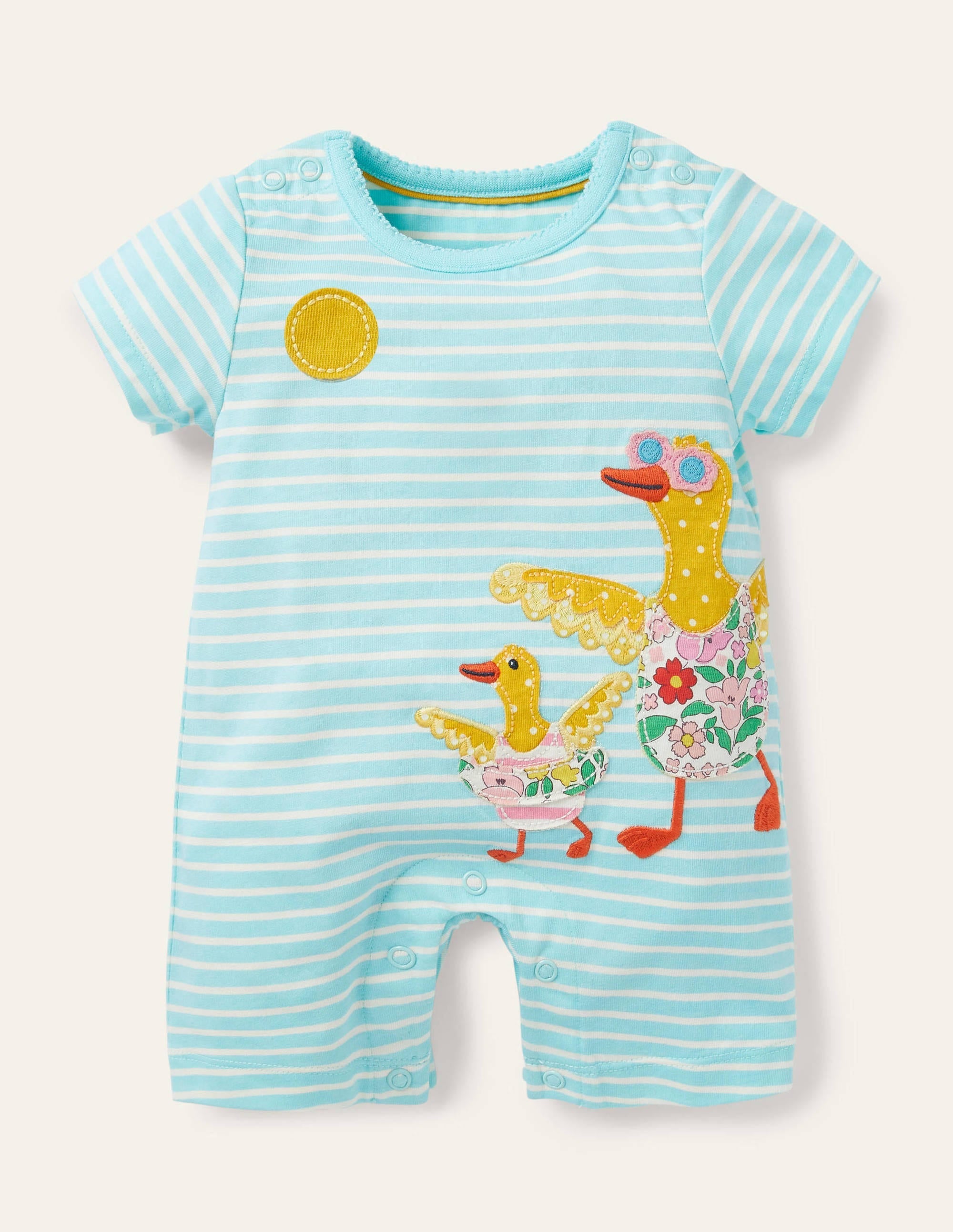 Jersey Appliqué Romper-Ivory/Georgian Blue Ducks - Image 1