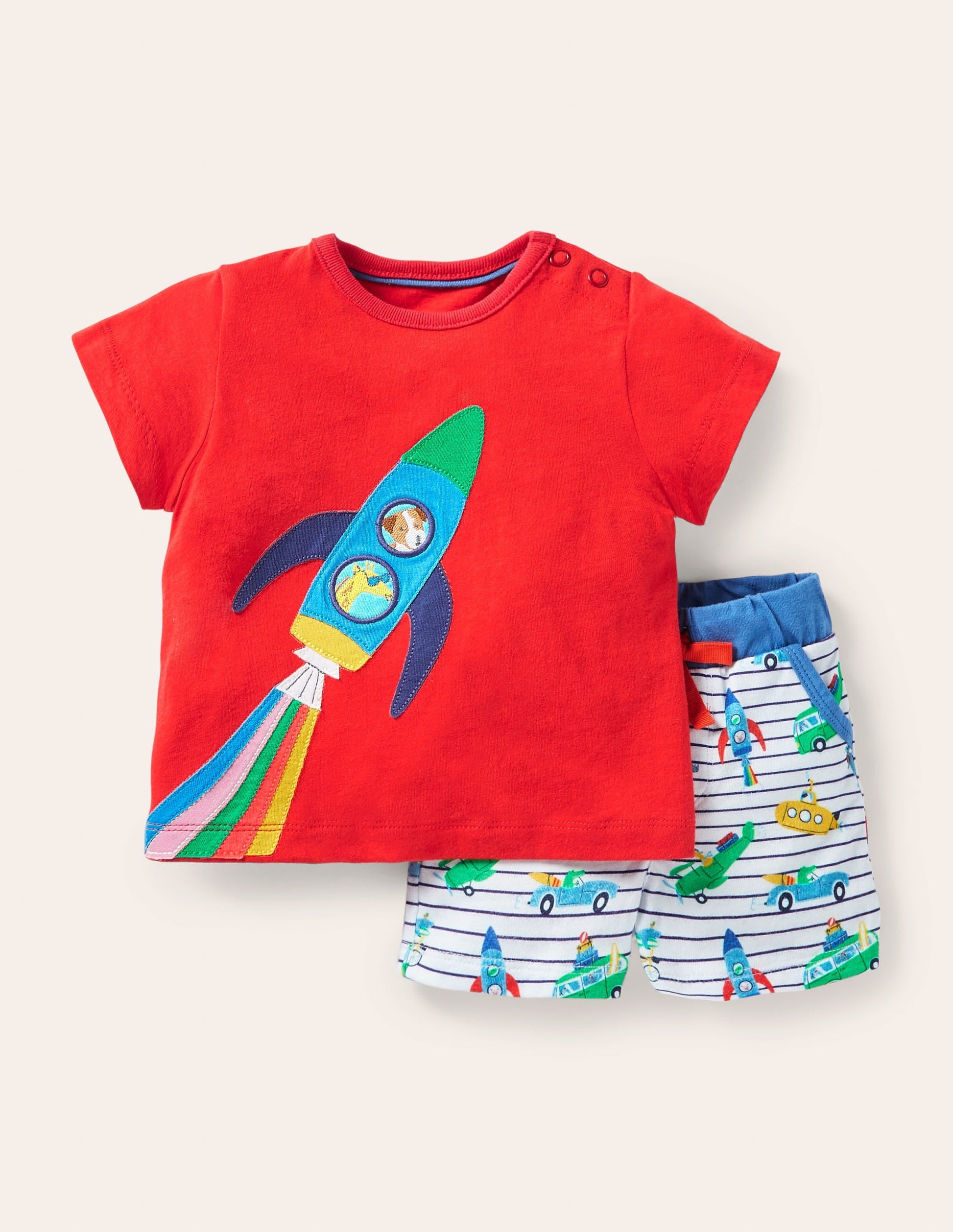 Applique' Short Set-Ivory/Blue Animal Adventures-1