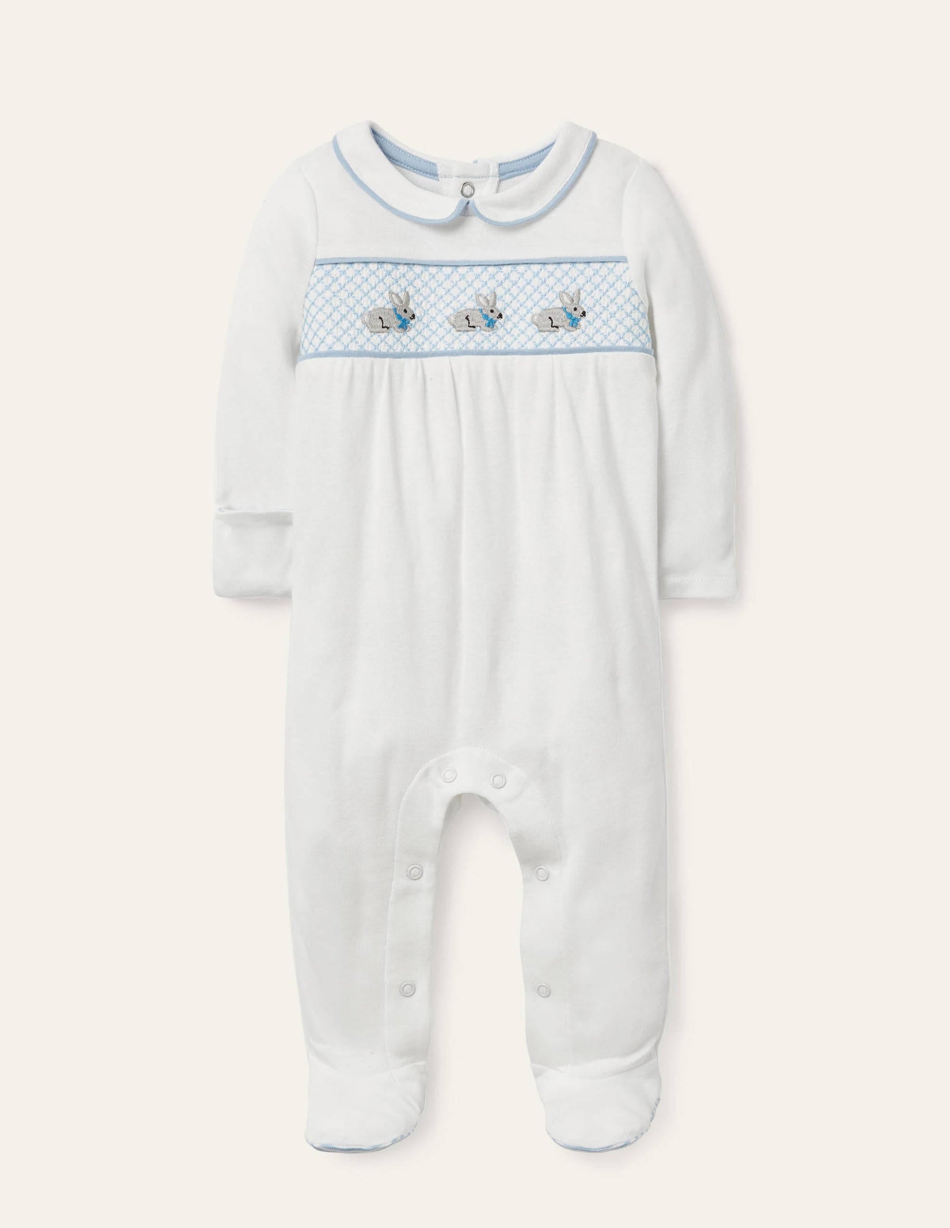 Organic Smocked Sleepsuit-Ivory Bunnies-1