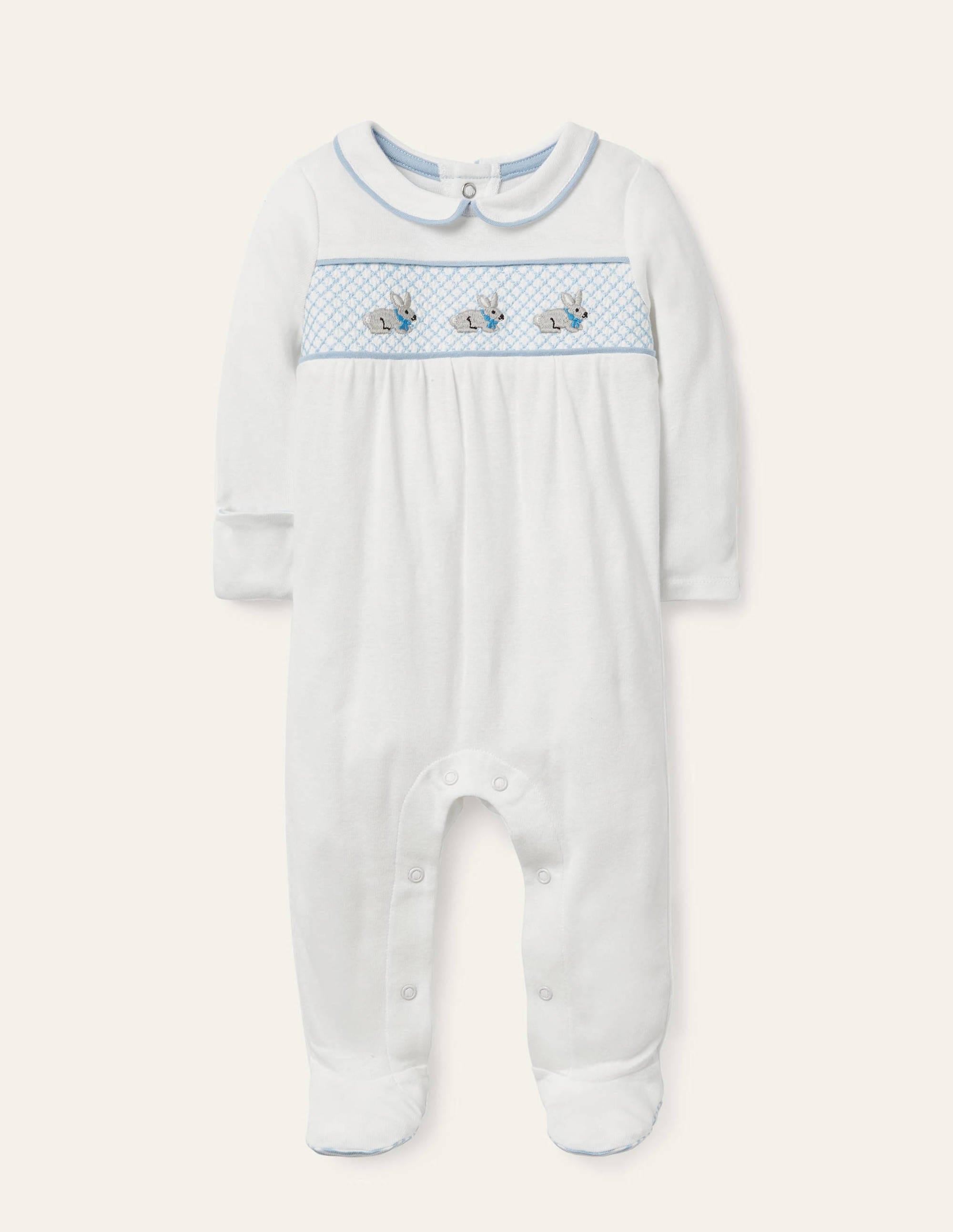 Organic Smocked Sleepsuit-Ivory Bunnies - Image 1