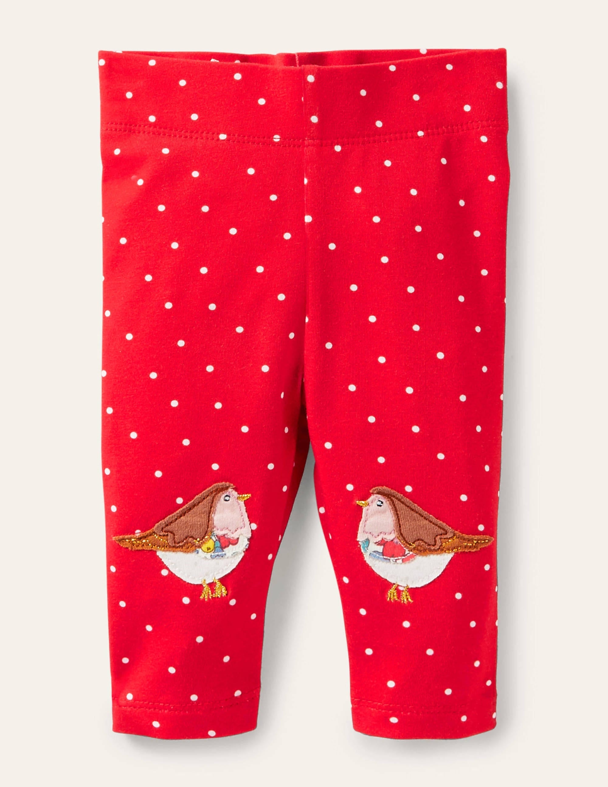 Festive Appliqué Leggings-Rockabilly Red Spot Robins - Image 1