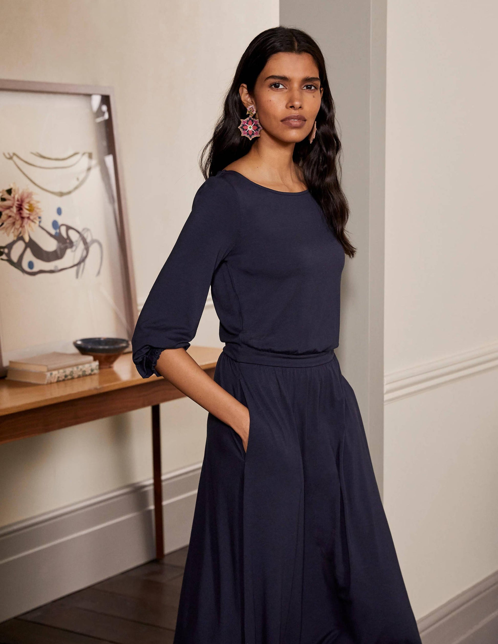 Evelyn Jersey Midi Dress-Navy-4
