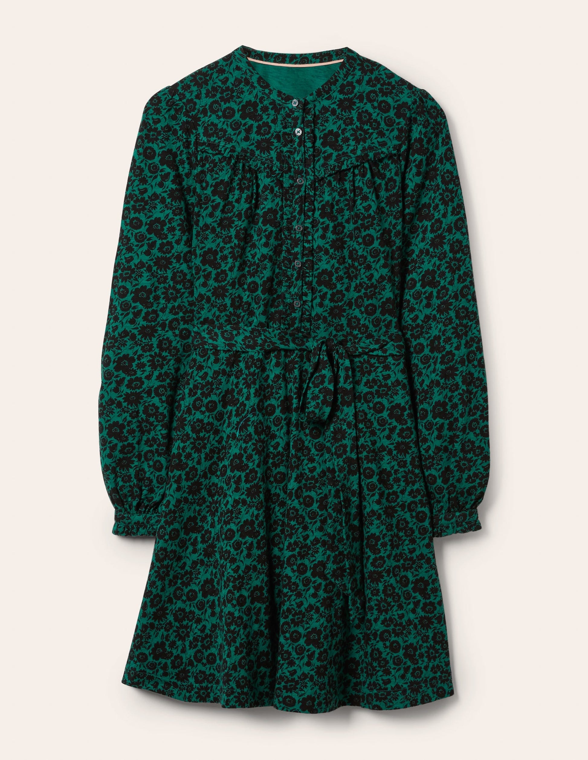 Ruffle Button Mini Dress-Deep Forest, Elegant Bloom-5