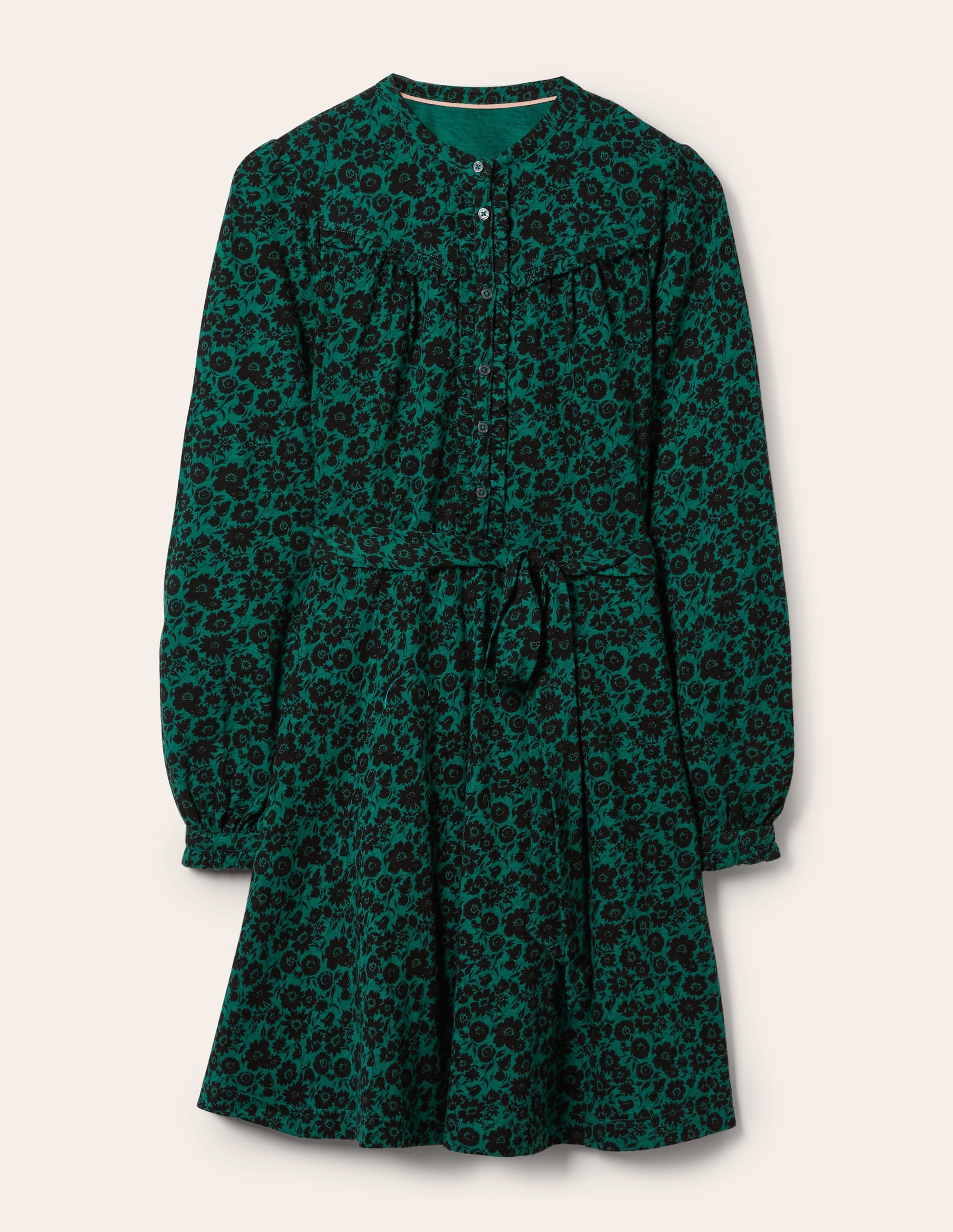 Ruffle Button Mini Dress-Deep Forest, Elegant Bloom - Image 5