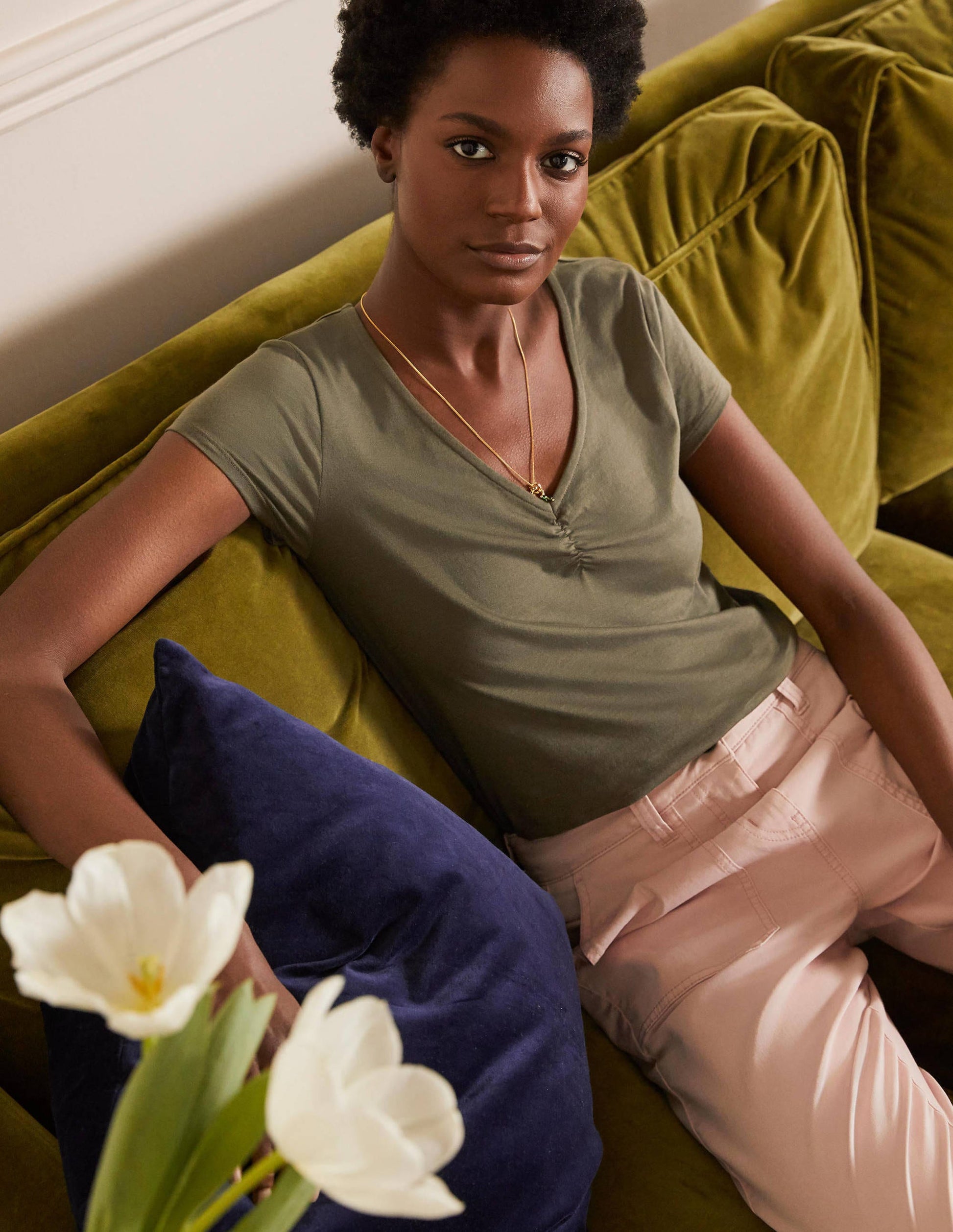 Supersoft Ruched V-Neck Top-Classic Khaki-1