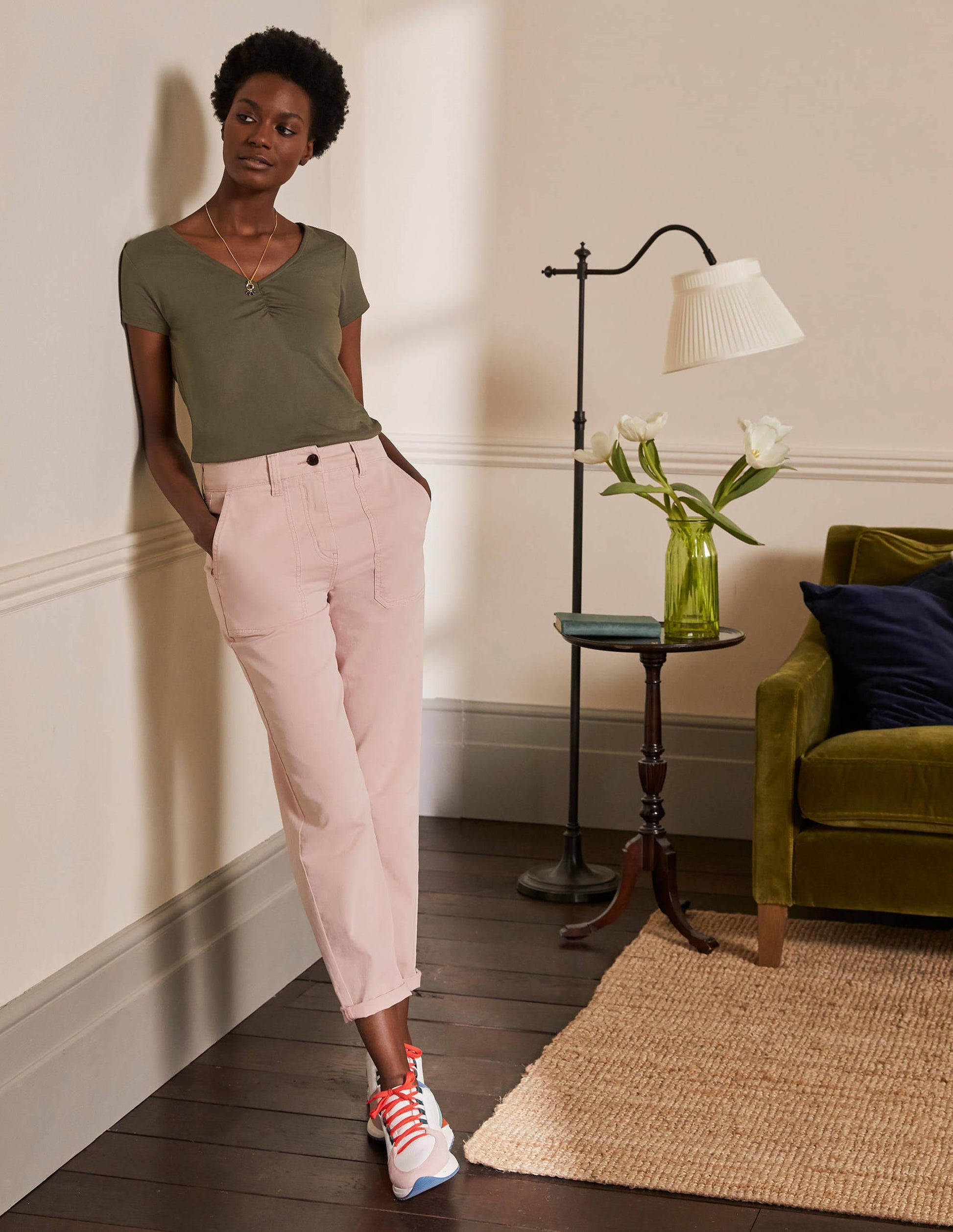 Supersoft Ruched V-Neck Top-Classic Khaki-4