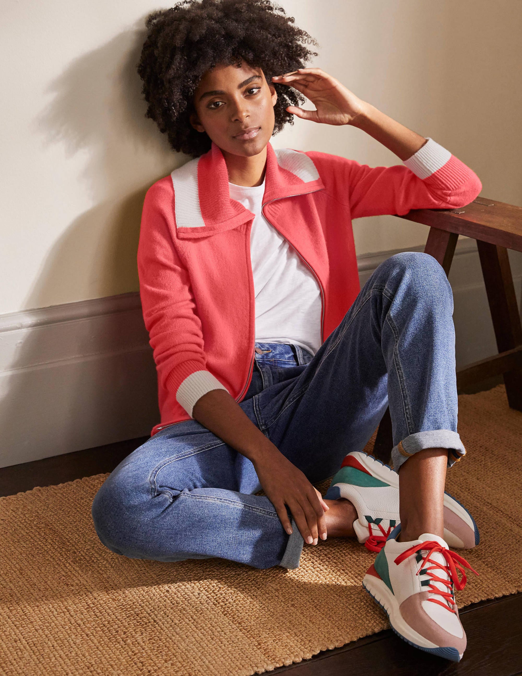 Collared Zip-up Cardigan-Cherry Red - Image 1