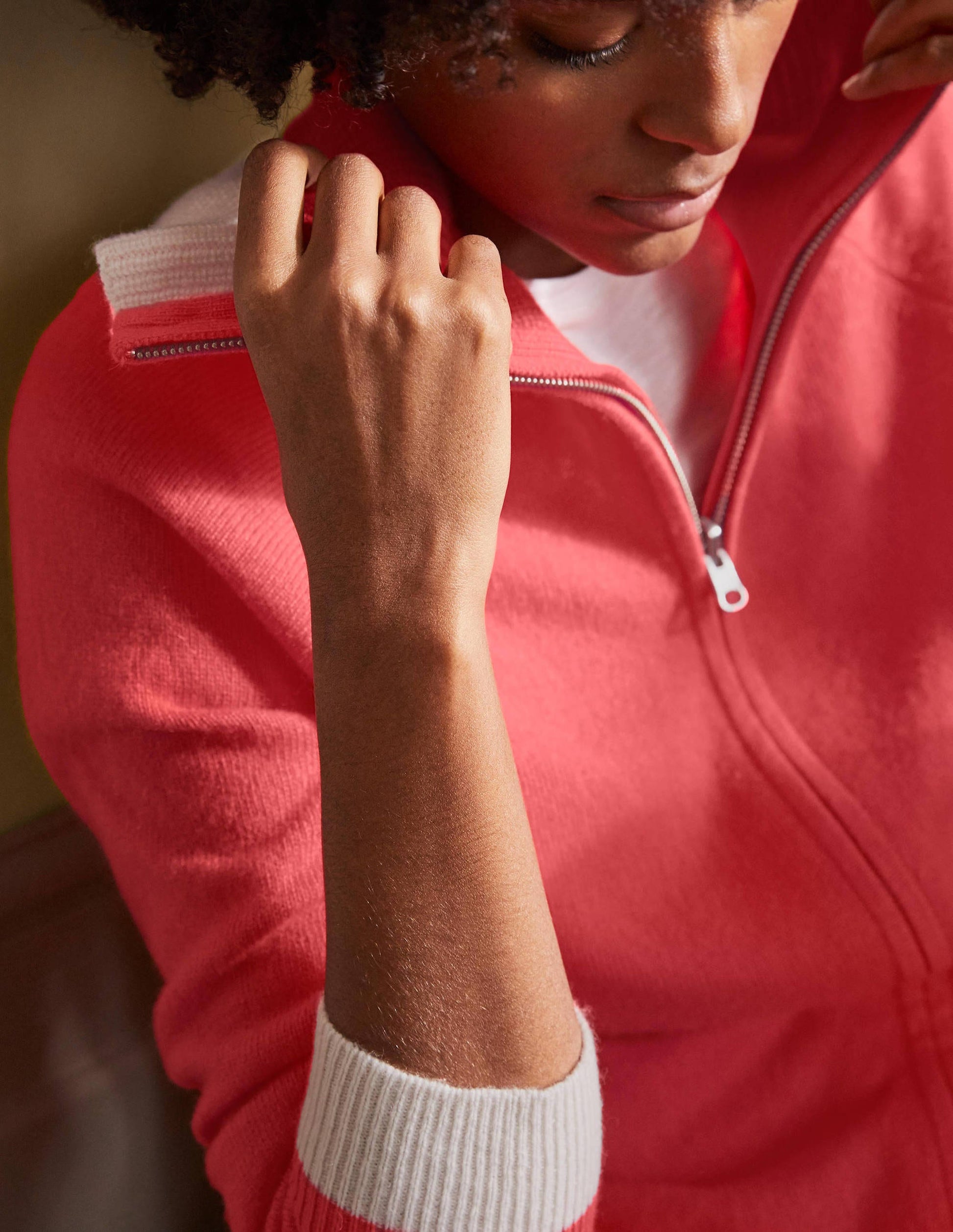 Collared Zip-up Cardigan-Cherry Red-2