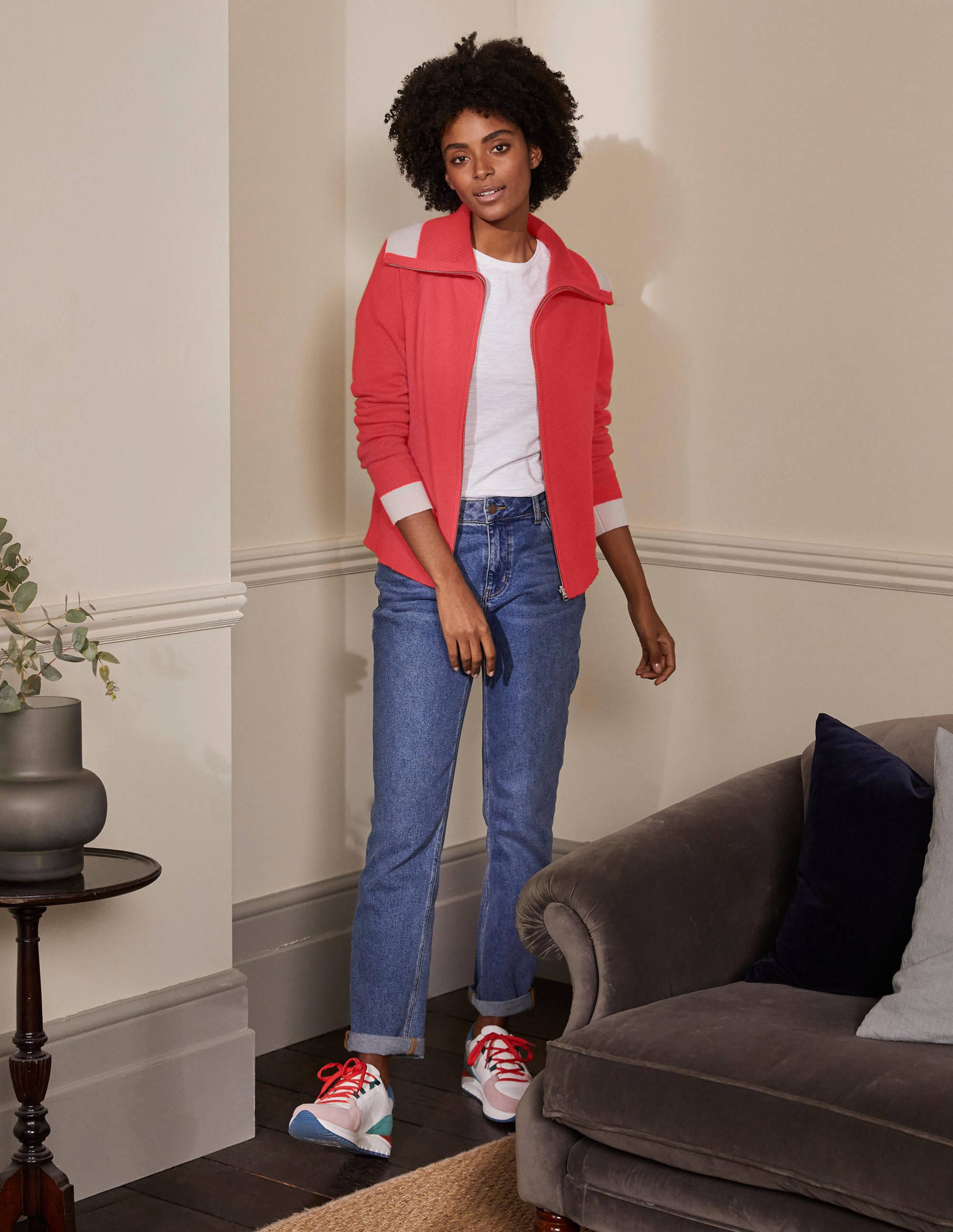 Collared Zip-up Cardigan-Cherry Red - Image 4