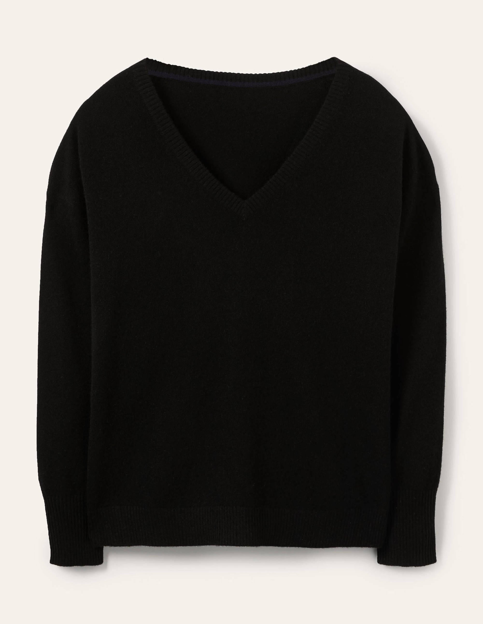 Cashmere V-neck Relaxed Jumper-Black - Image 5