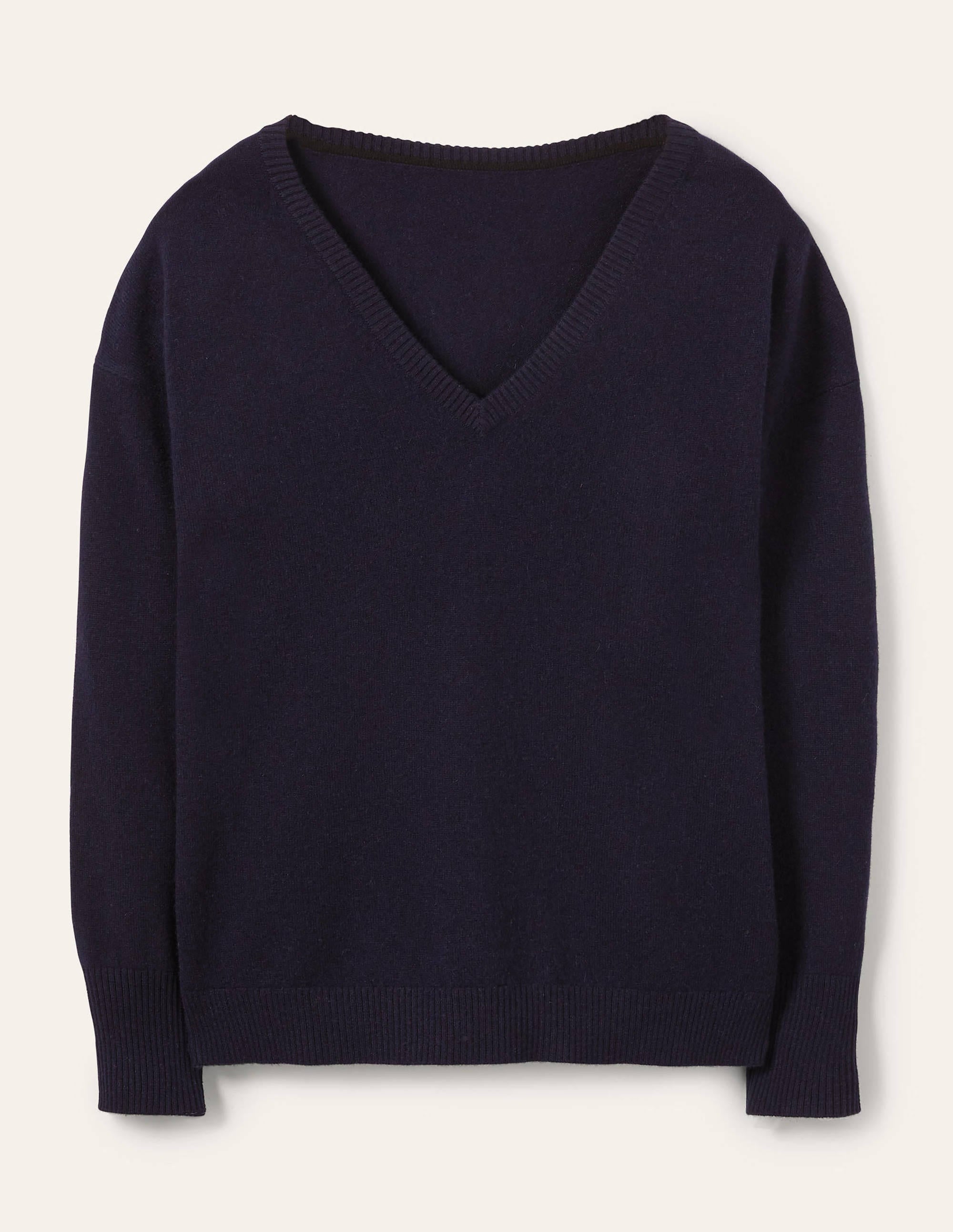 Cashmere V-neck Relaxed Jumper-Navy - Image 5