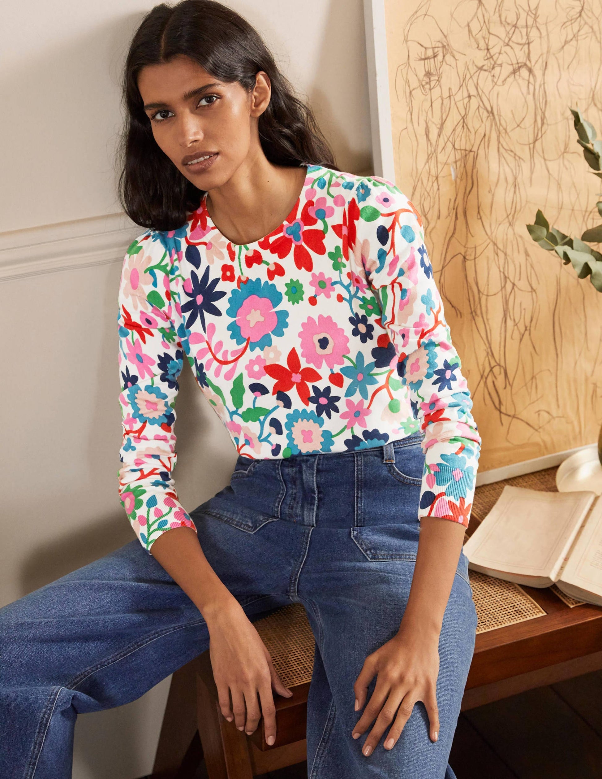 Cotton Crew Neck Jumper-Ivory, Prairie Floral-1