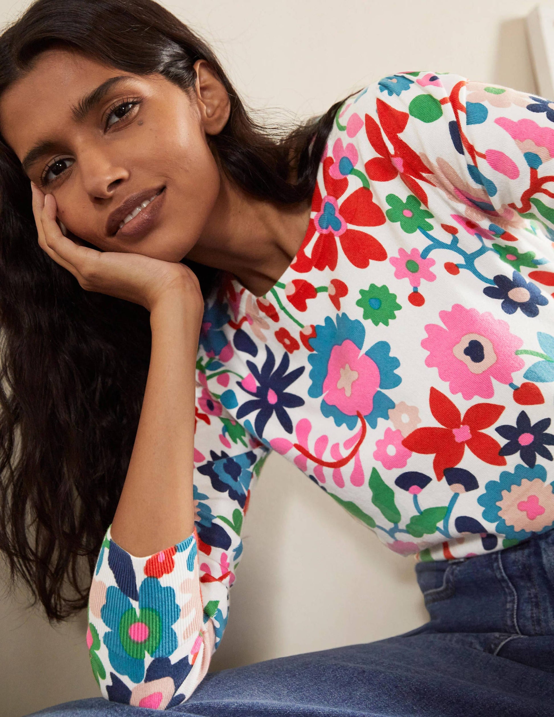 Cotton Crew Neck Jumper-Ivory, Prairie Floral-2