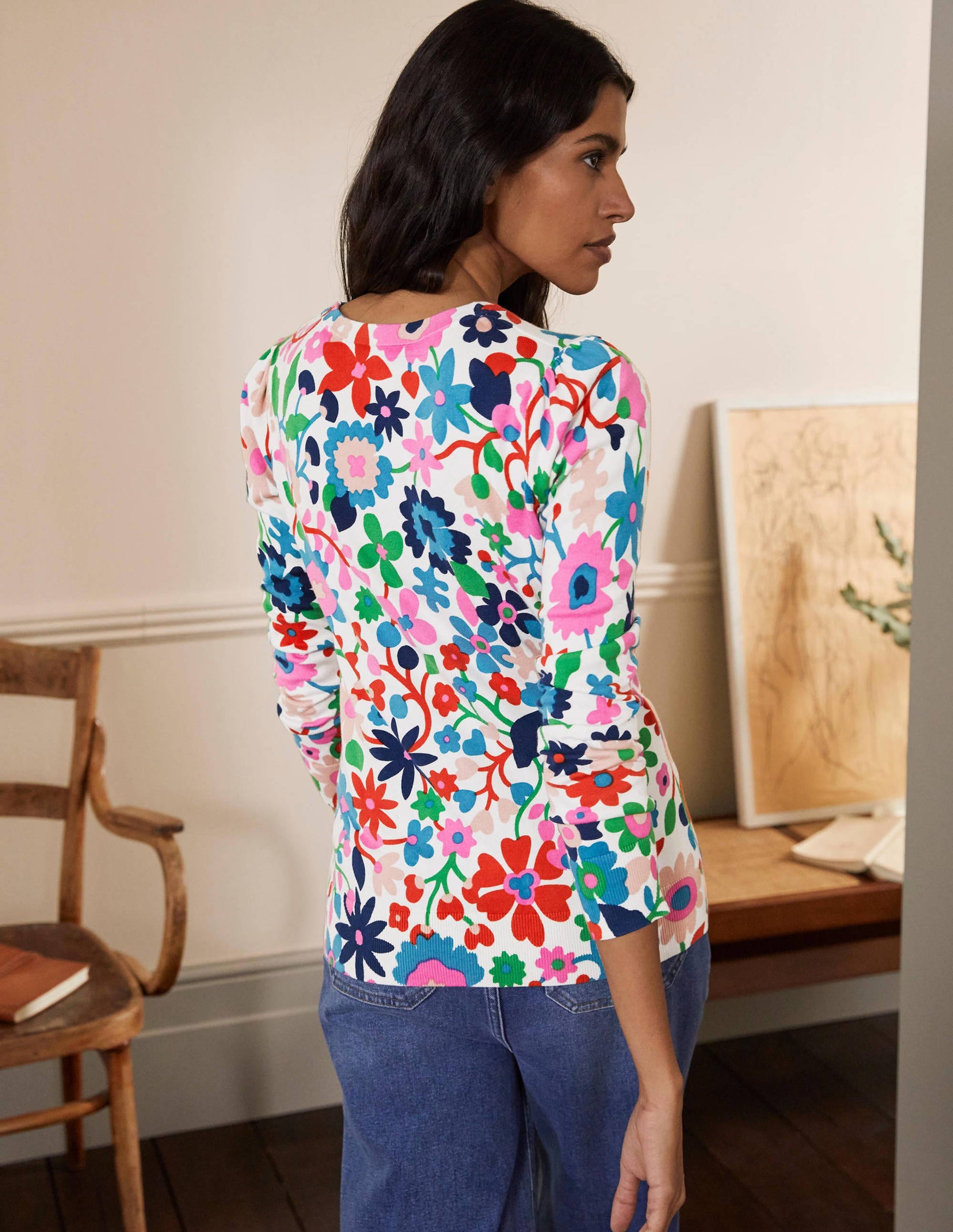 Cotton Crew Neck Jumper-Ivory, Prairie Floral-3