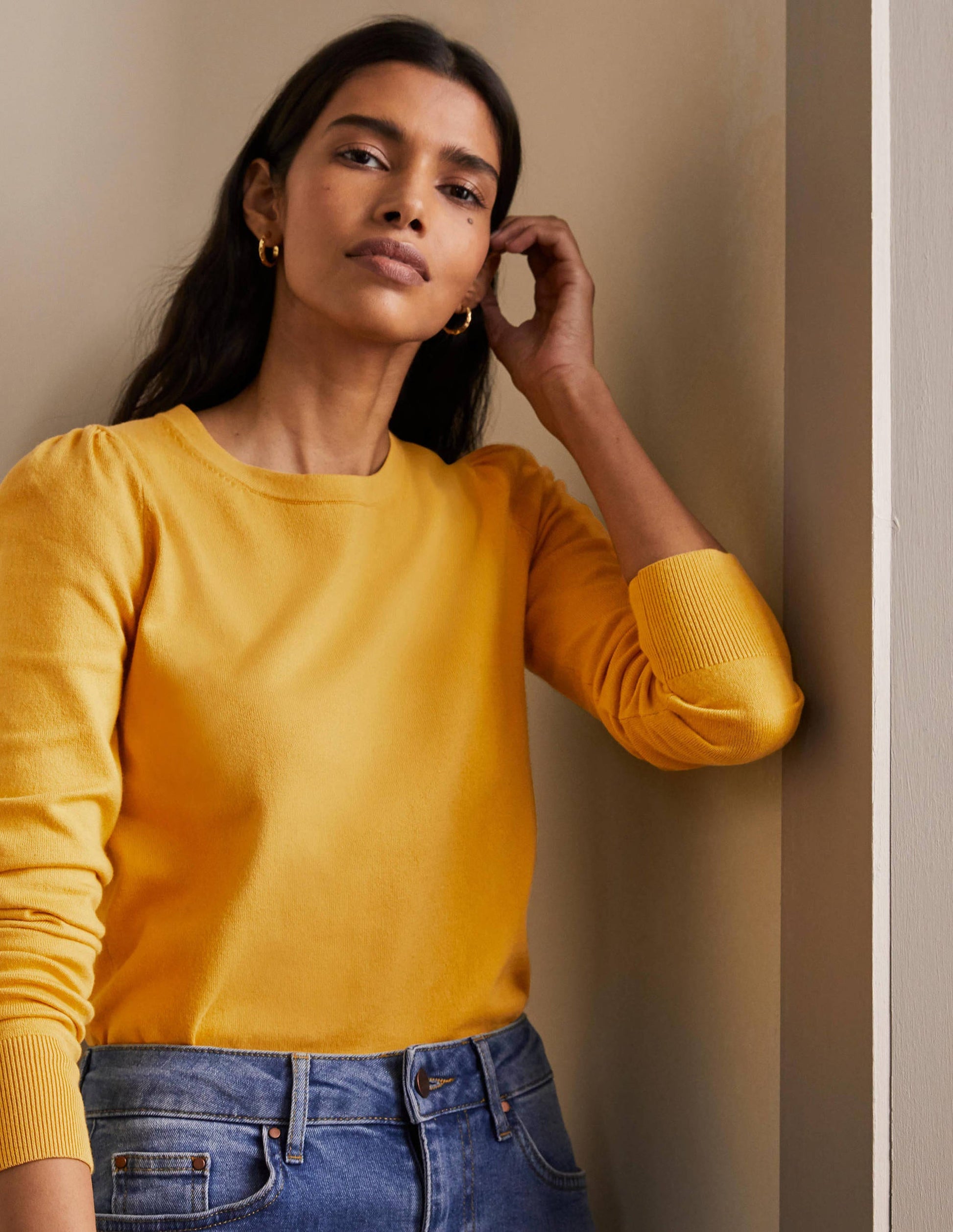 Cotton Crew Neck Jumper-Honey Gold-1