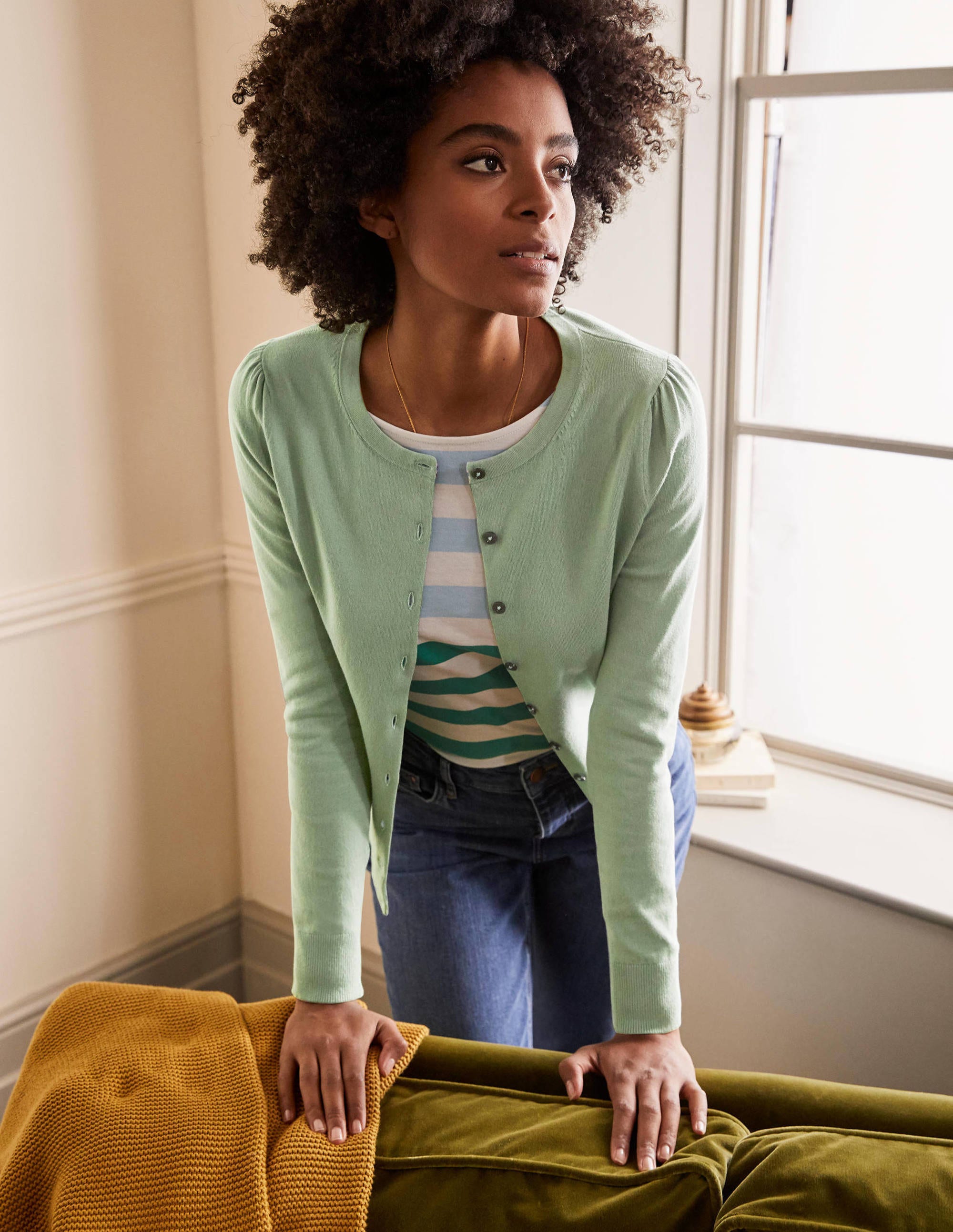 Cotton Crew Neck Cardigan-Duck Egg - Image 1