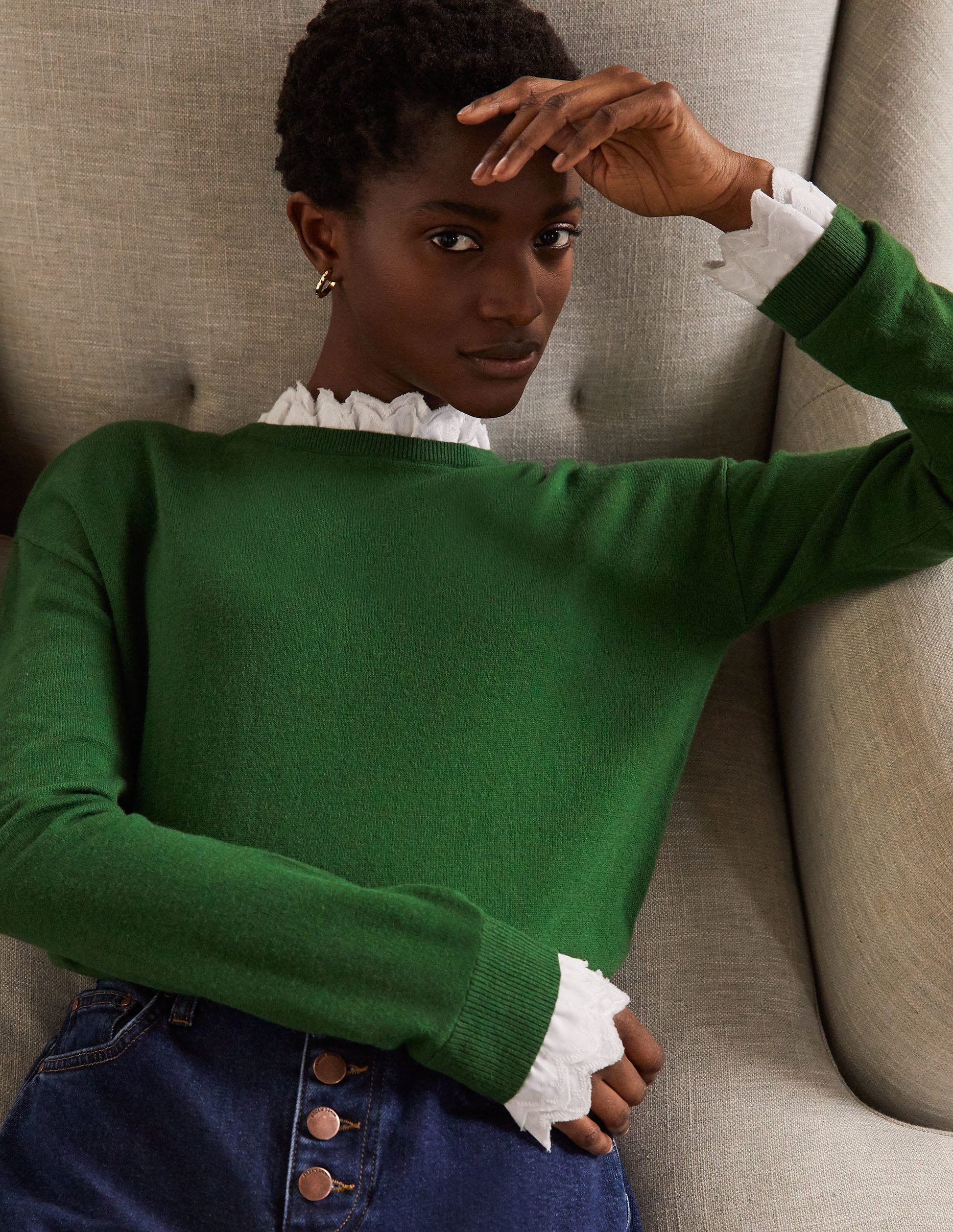 Lydia Woven Frill Jumper-Conifer-1