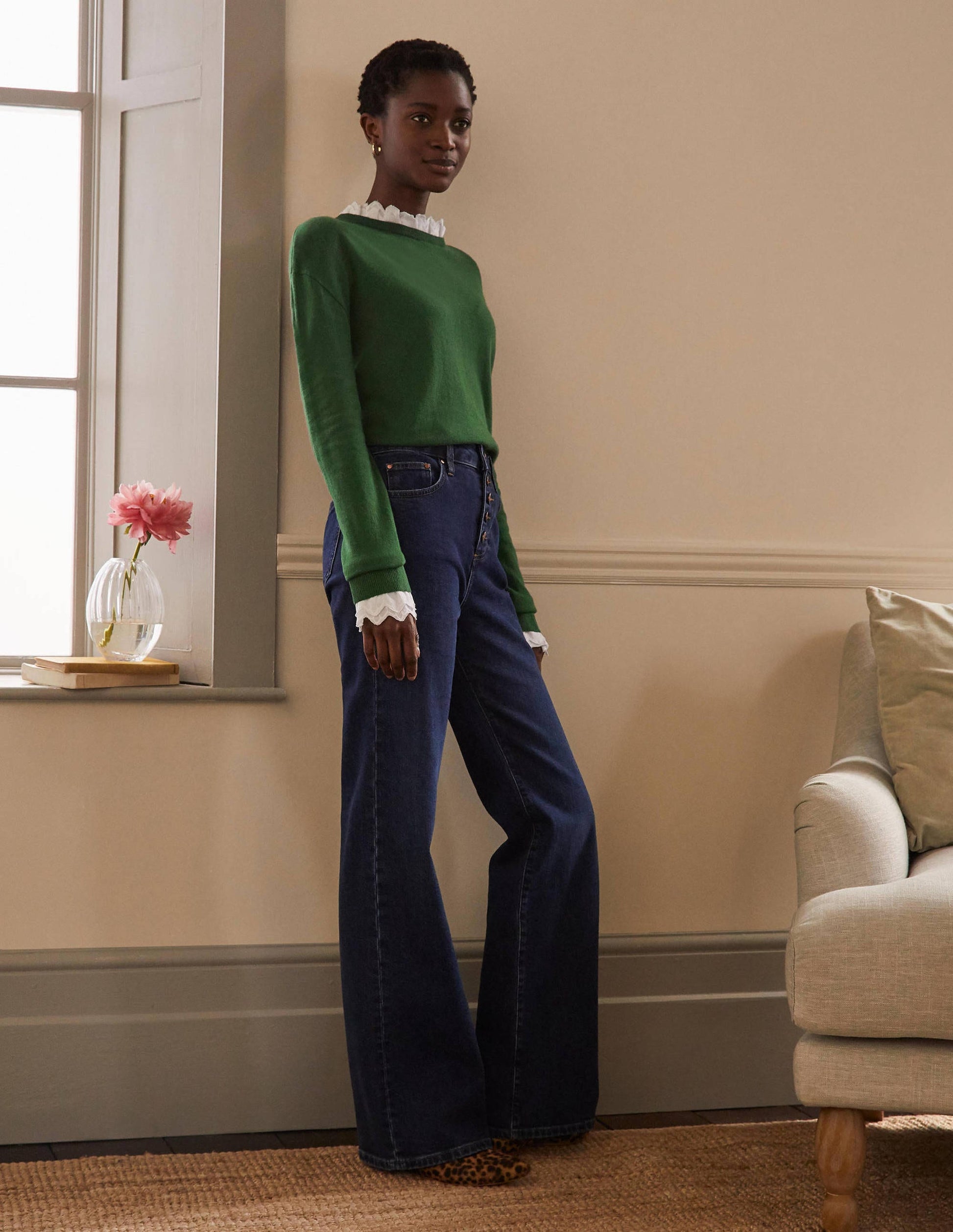 Lydia Woven Frill Jumper-Conifer-3
