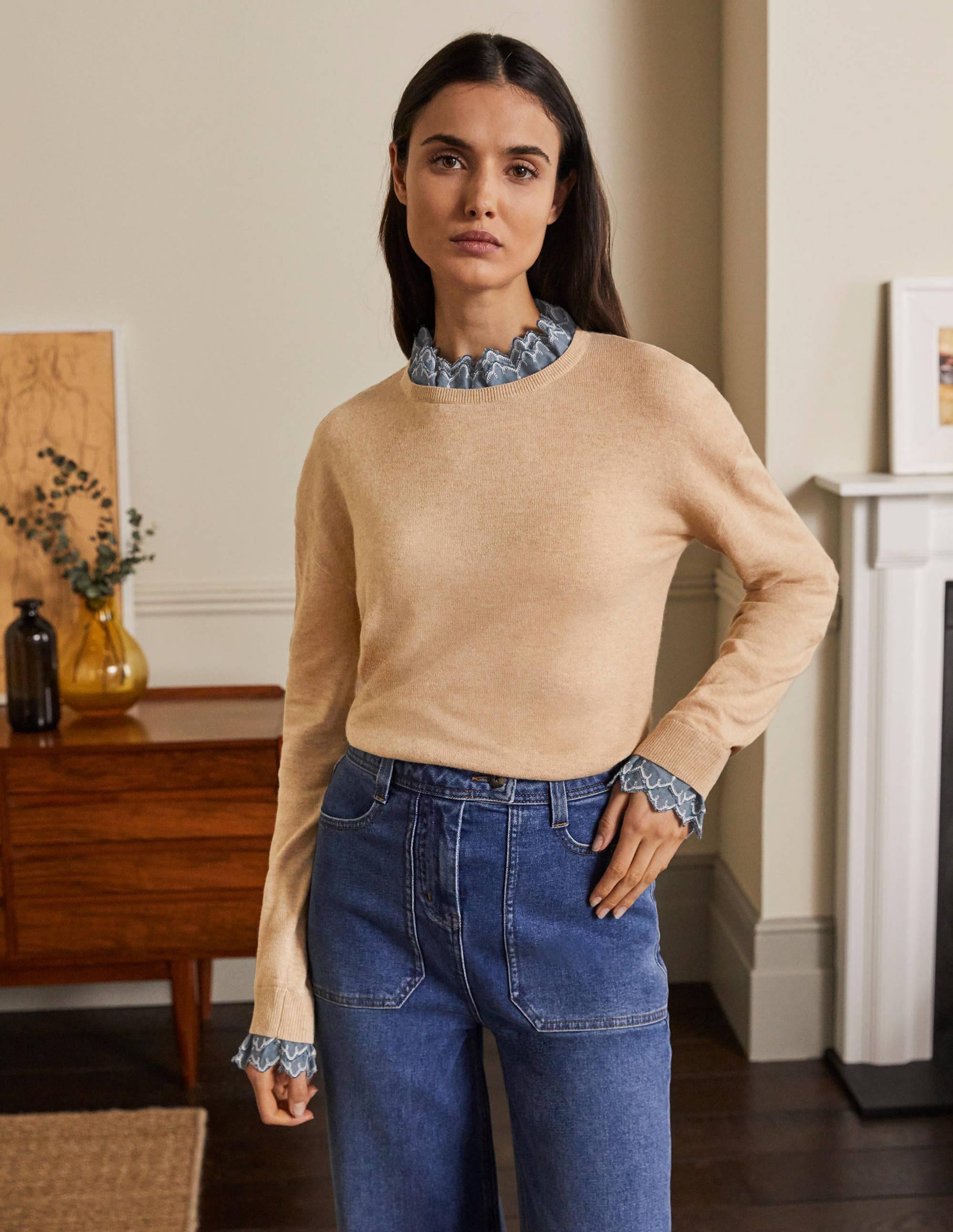 Lydia Woven Frill Jumper-Oatmeal Melange - Image 1
