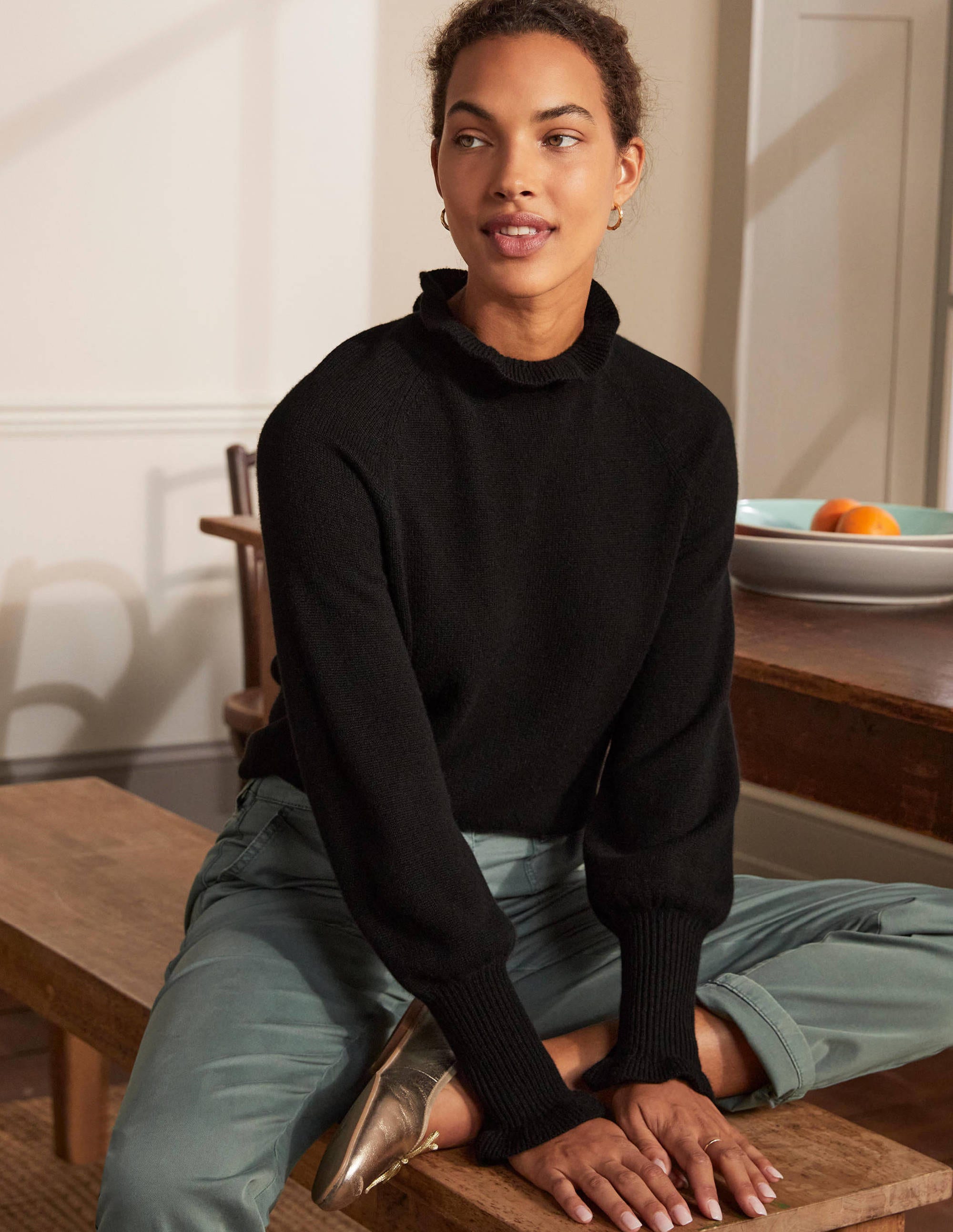 Cashmere Frill Neck Jumper-Black - Image 1