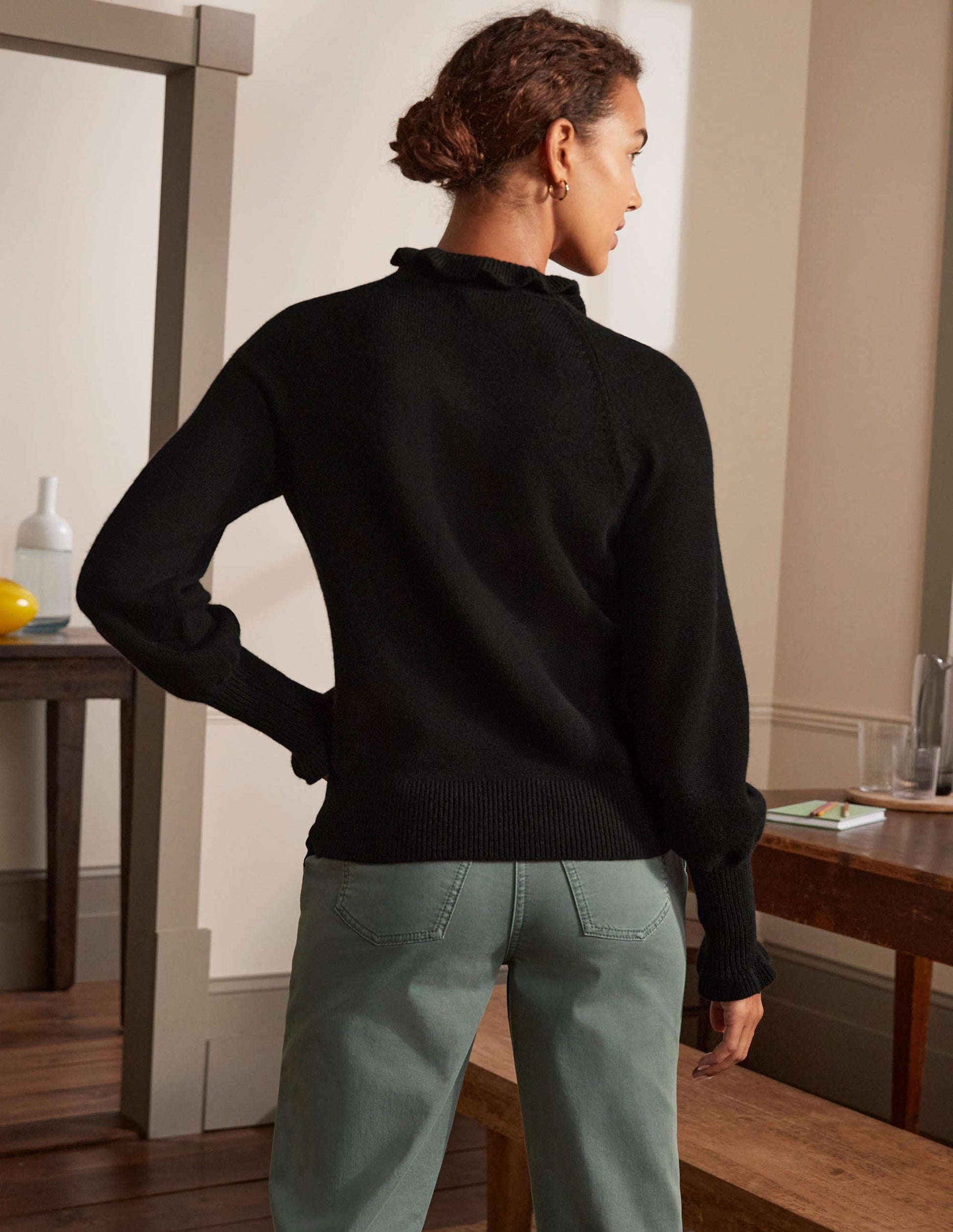 Cashmere Frill Neck Jumper-Black-3