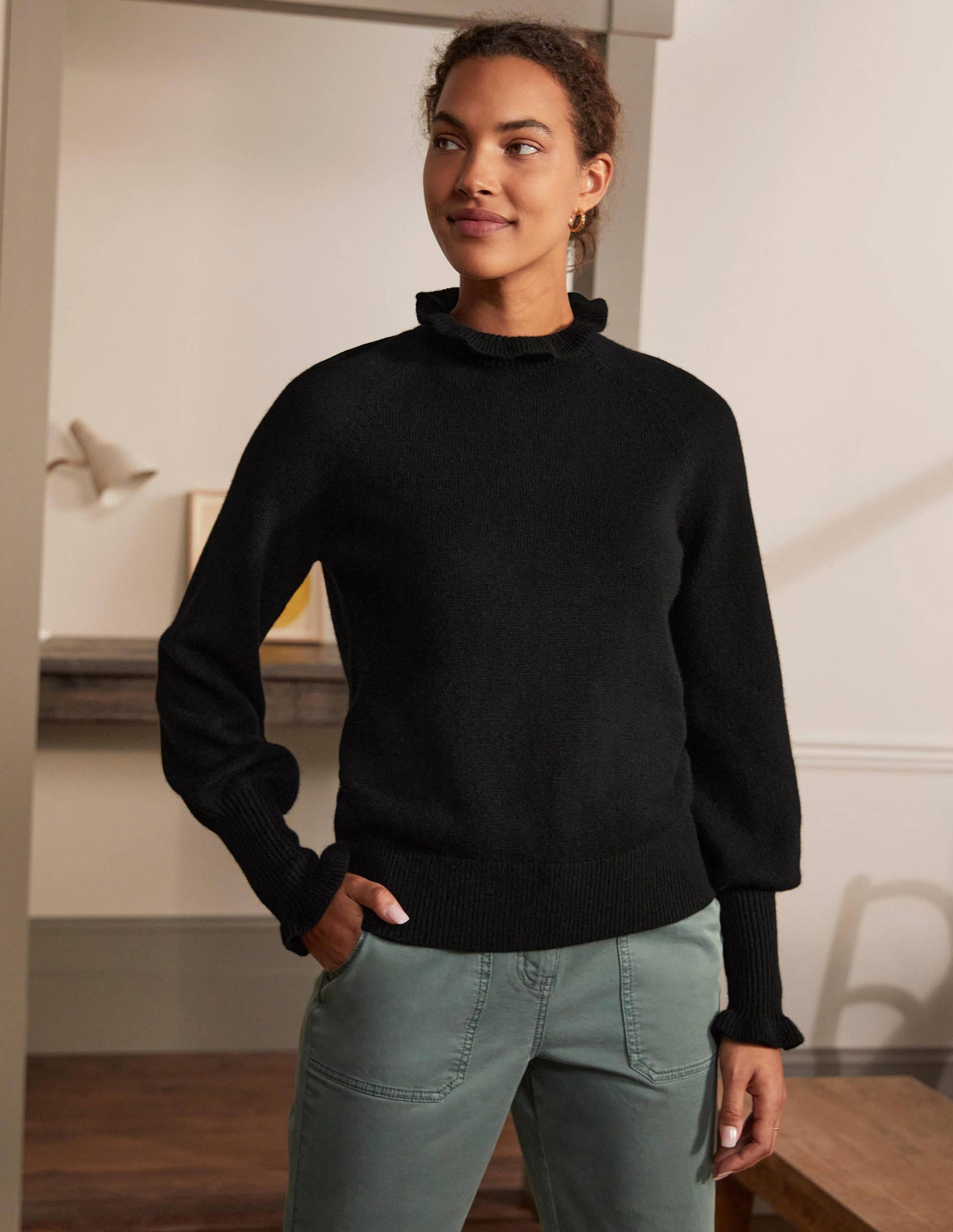 Cashmere Frill Neck Jumper-Black-4