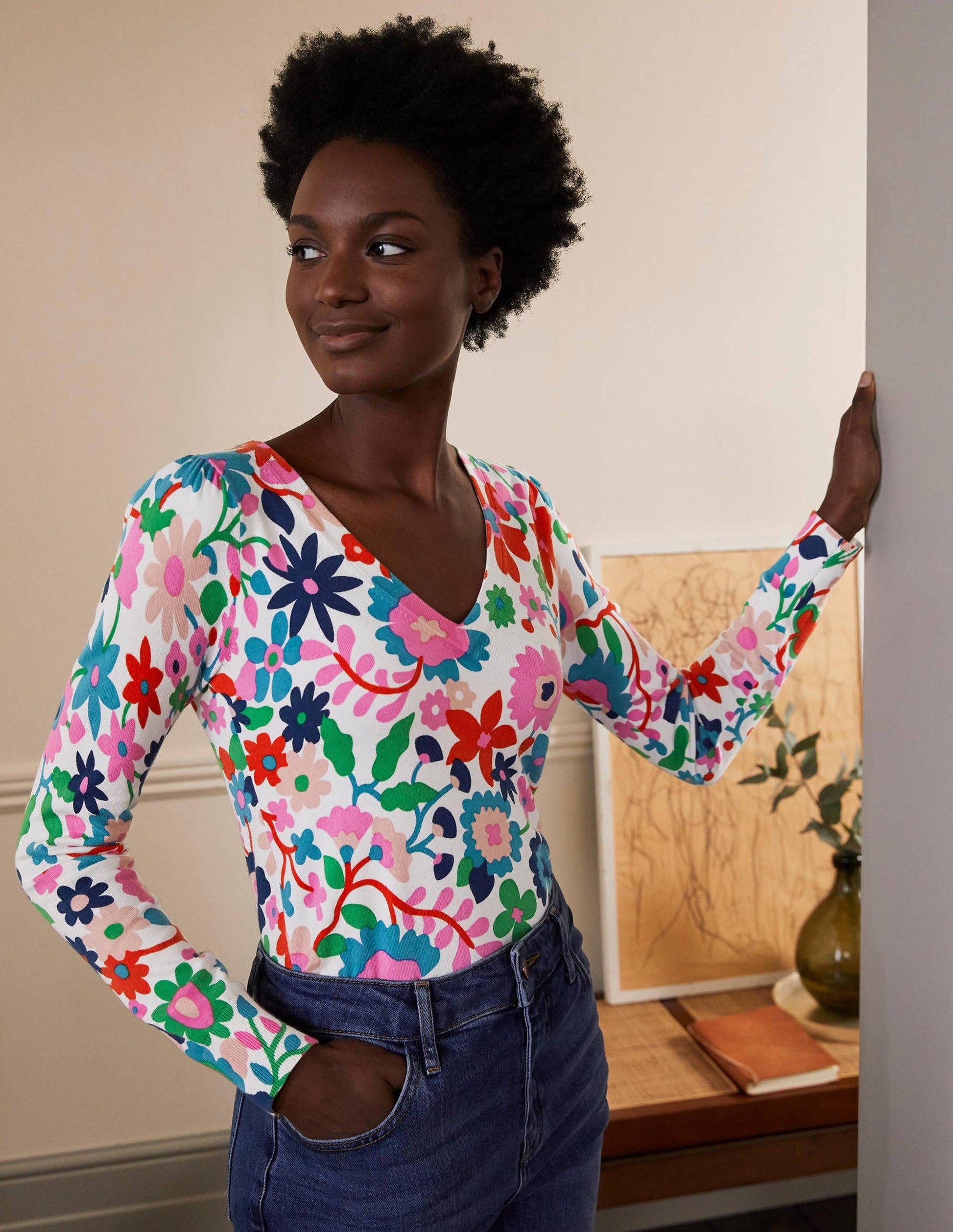 Cotton V-Neck Jumper-Ivory, Prairie Floral-1