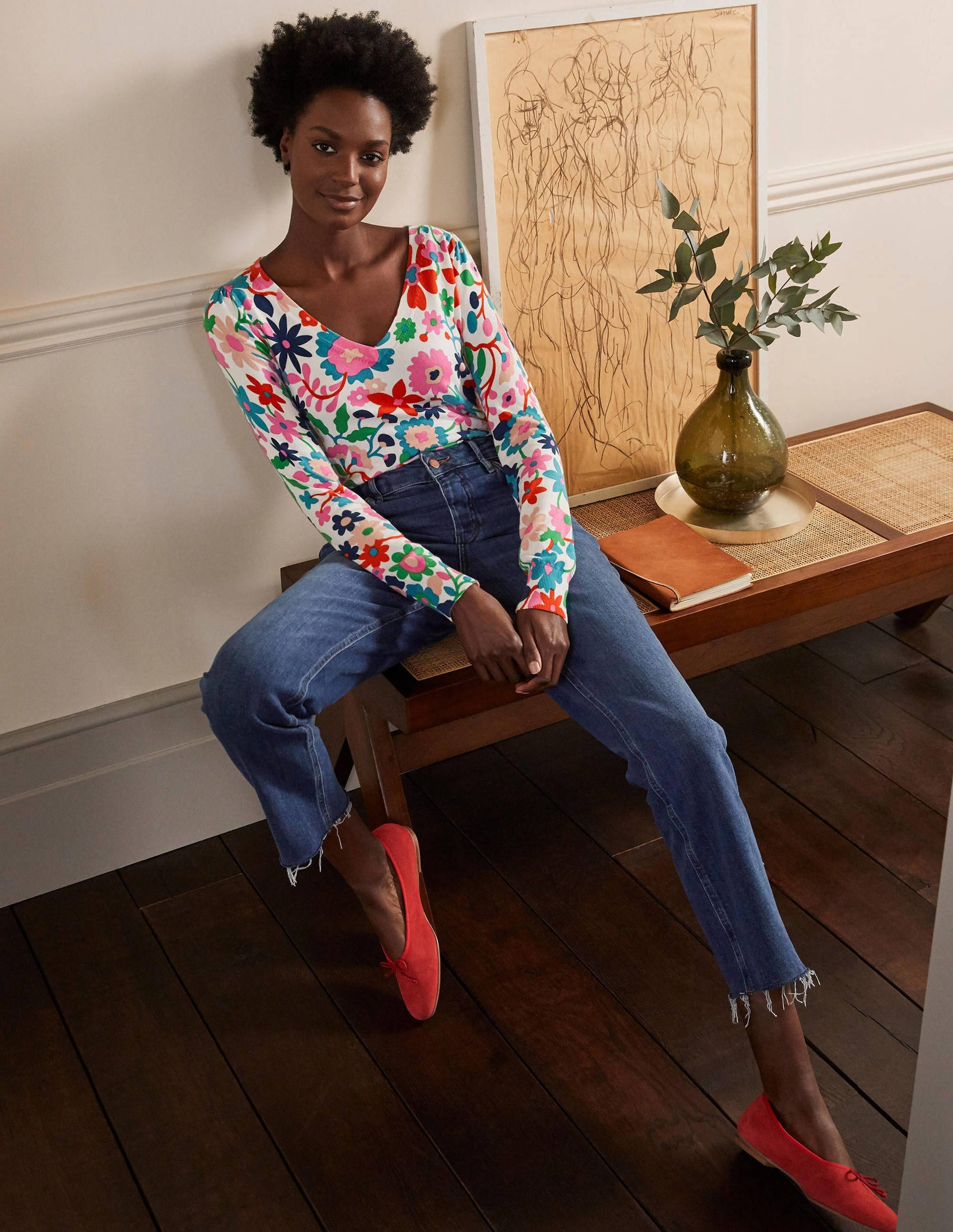 Cotton V-Neck Jumper-Ivory, Prairie Floral-4