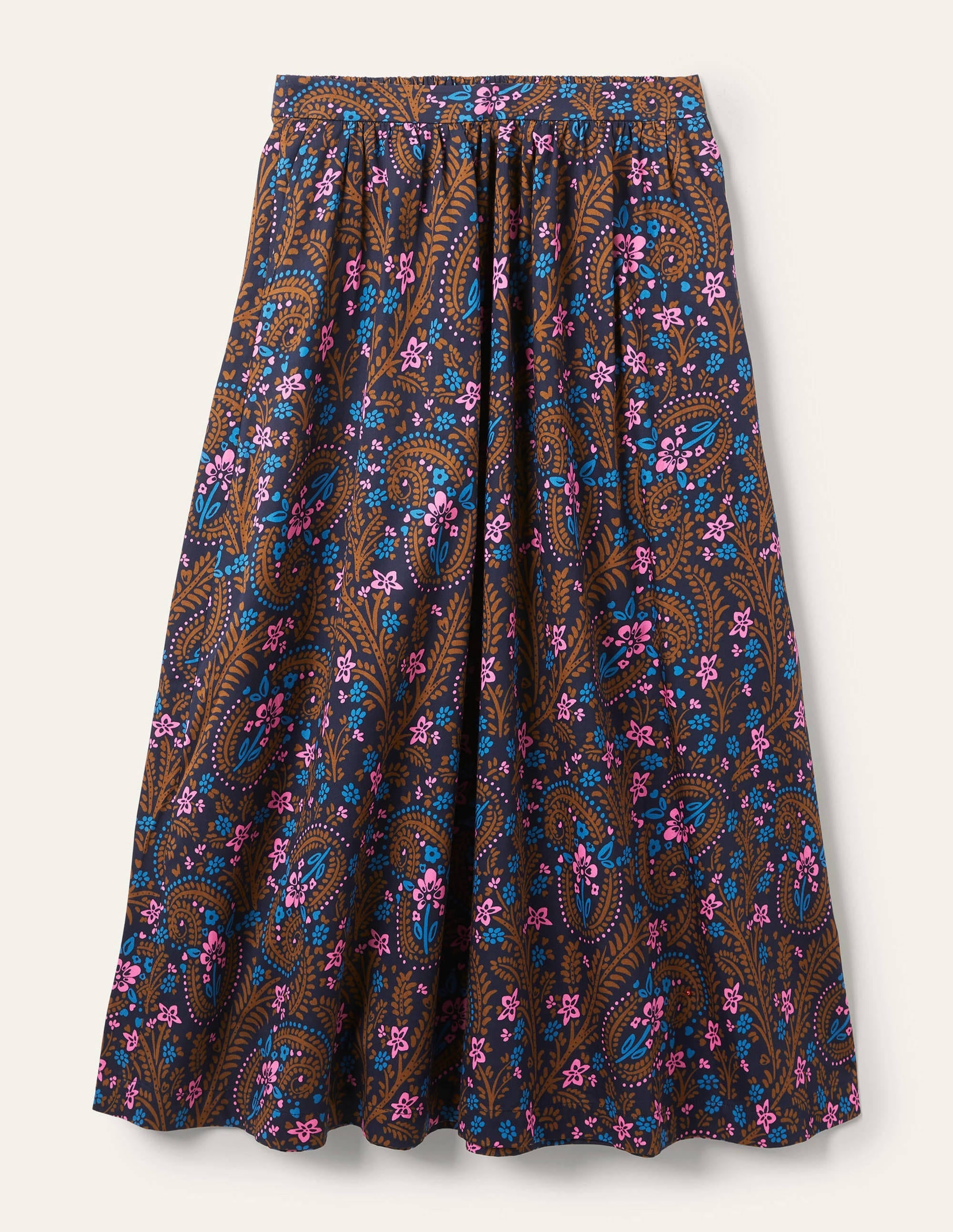 Cotton Sateen Skirt-French Navy, Floral Paisley - Image 5