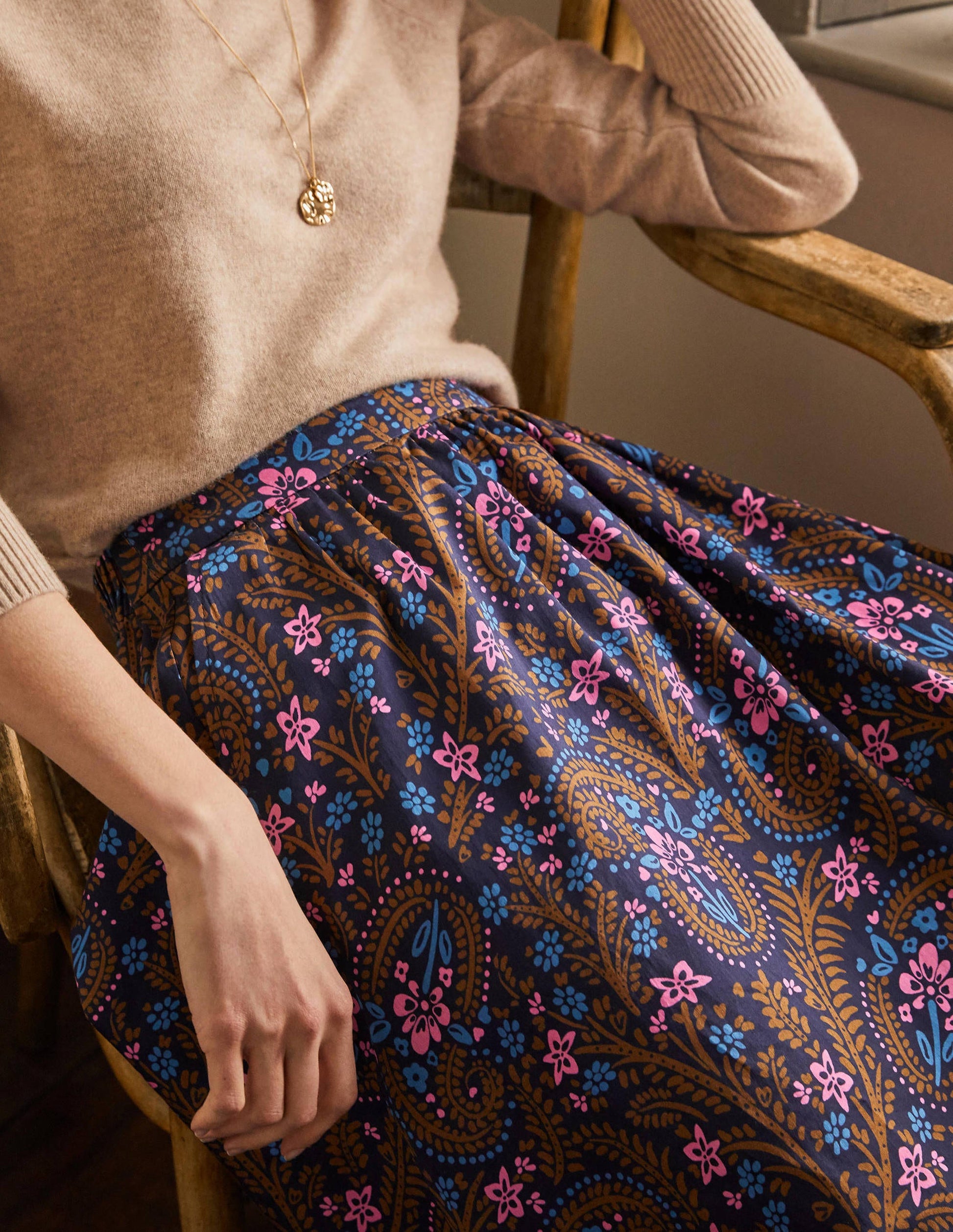 Cotton Sateen Skirt-French Navy, Floral Paisley-1
