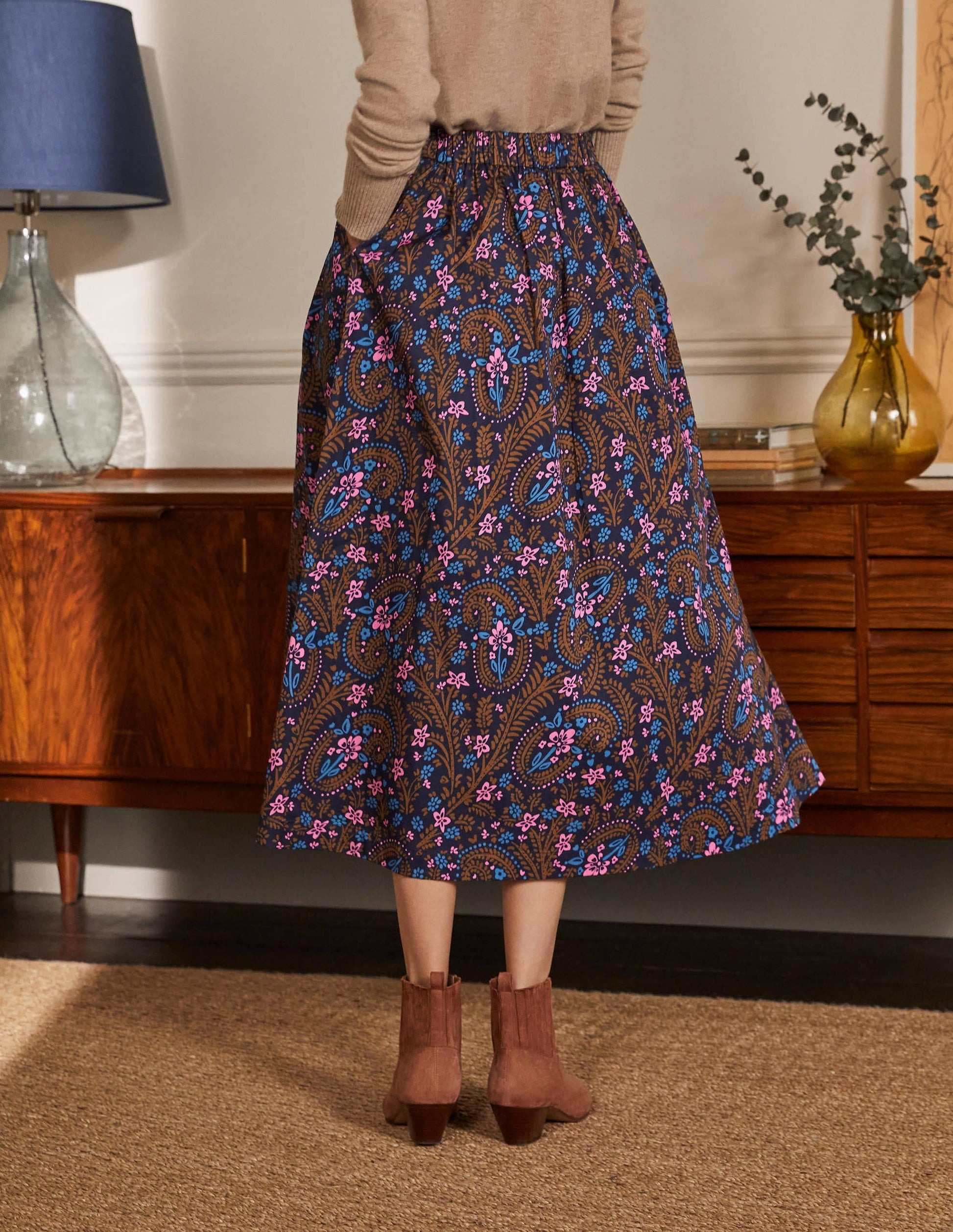 Cotton Sateen Skirt-French Navy, Floral Paisley-2