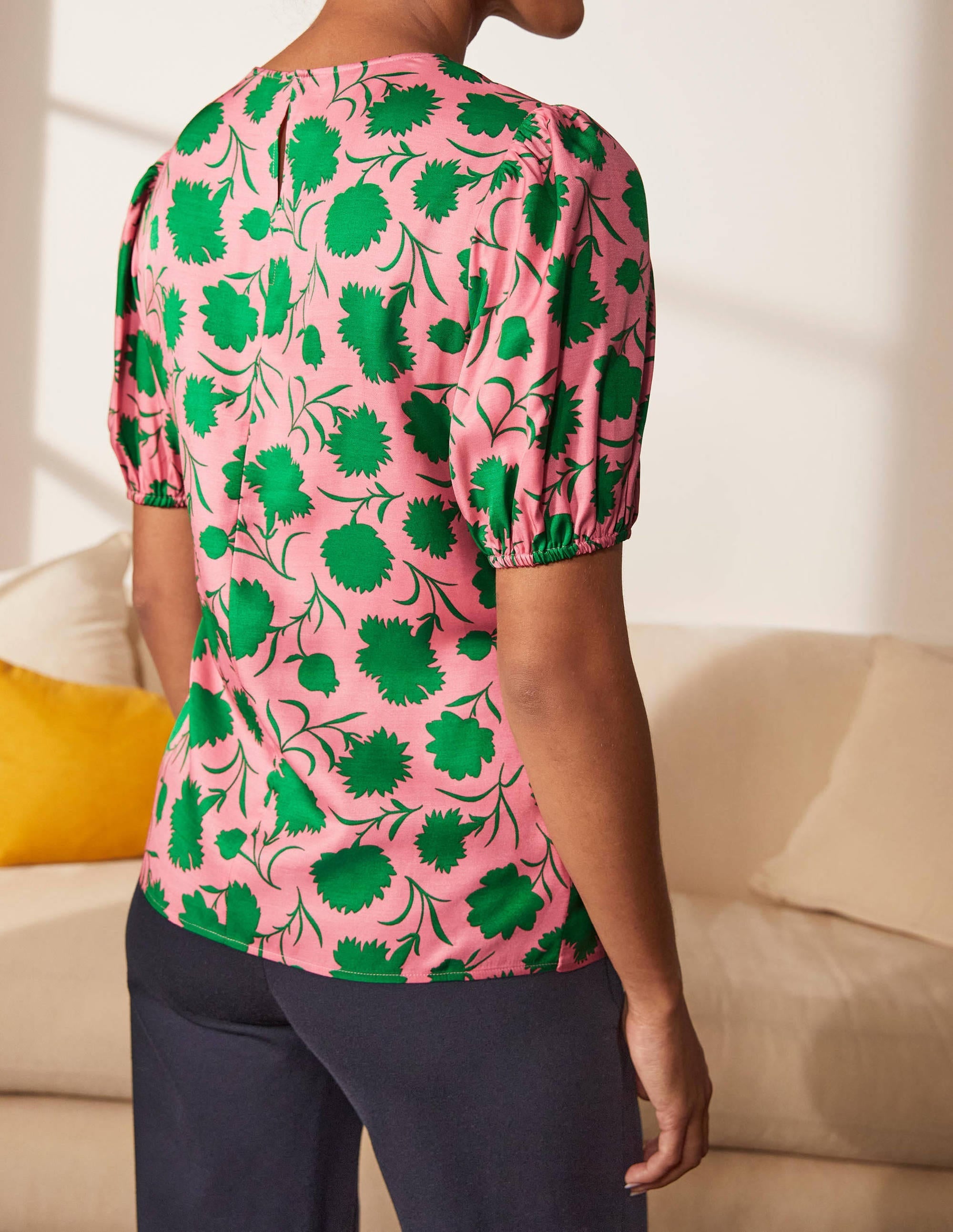 Adriana Puff Sleeve Top-Pink Lemonade, Leafy Bud - Image 2