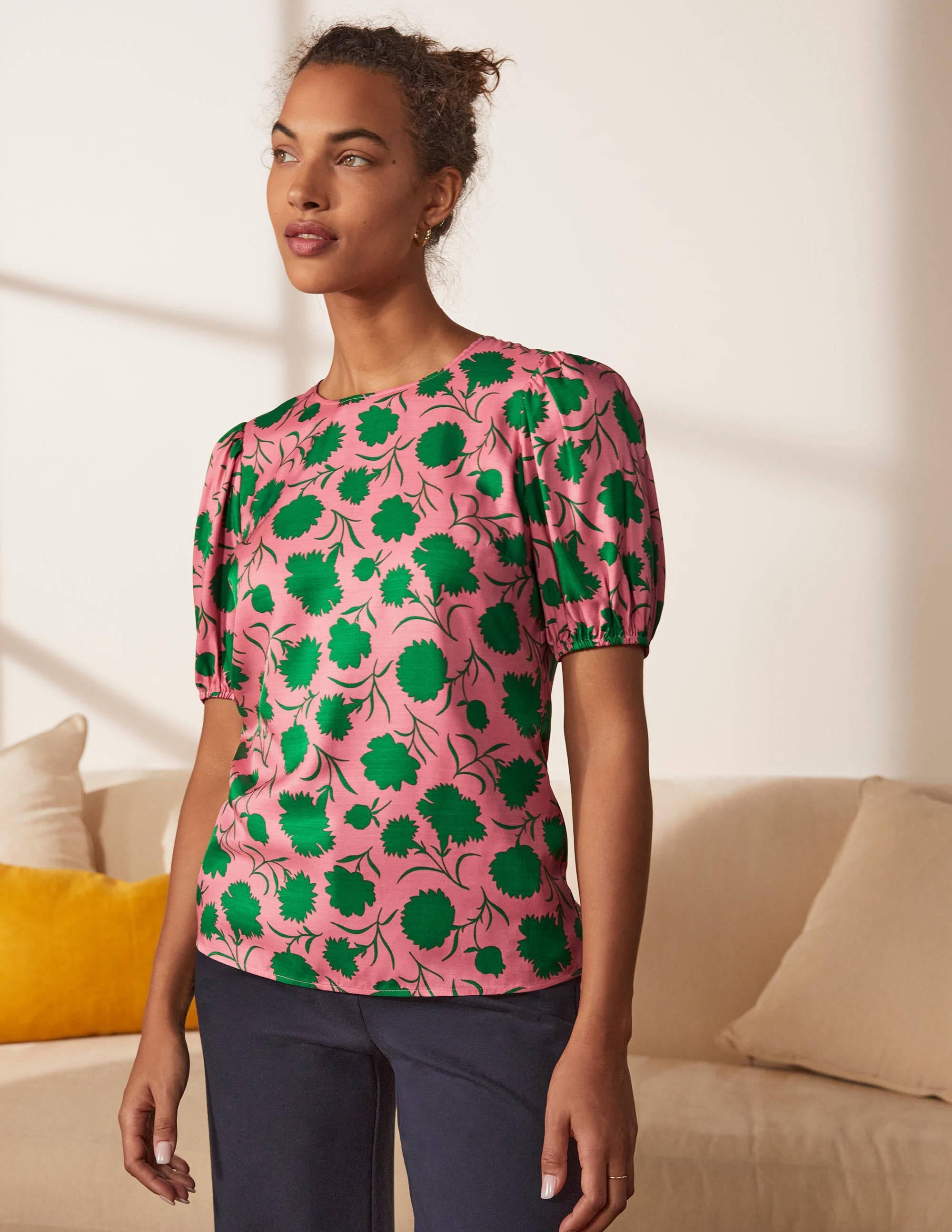Adriana Puff Sleeve Top-Pink Lemonade, Leafy Bud - Image 3