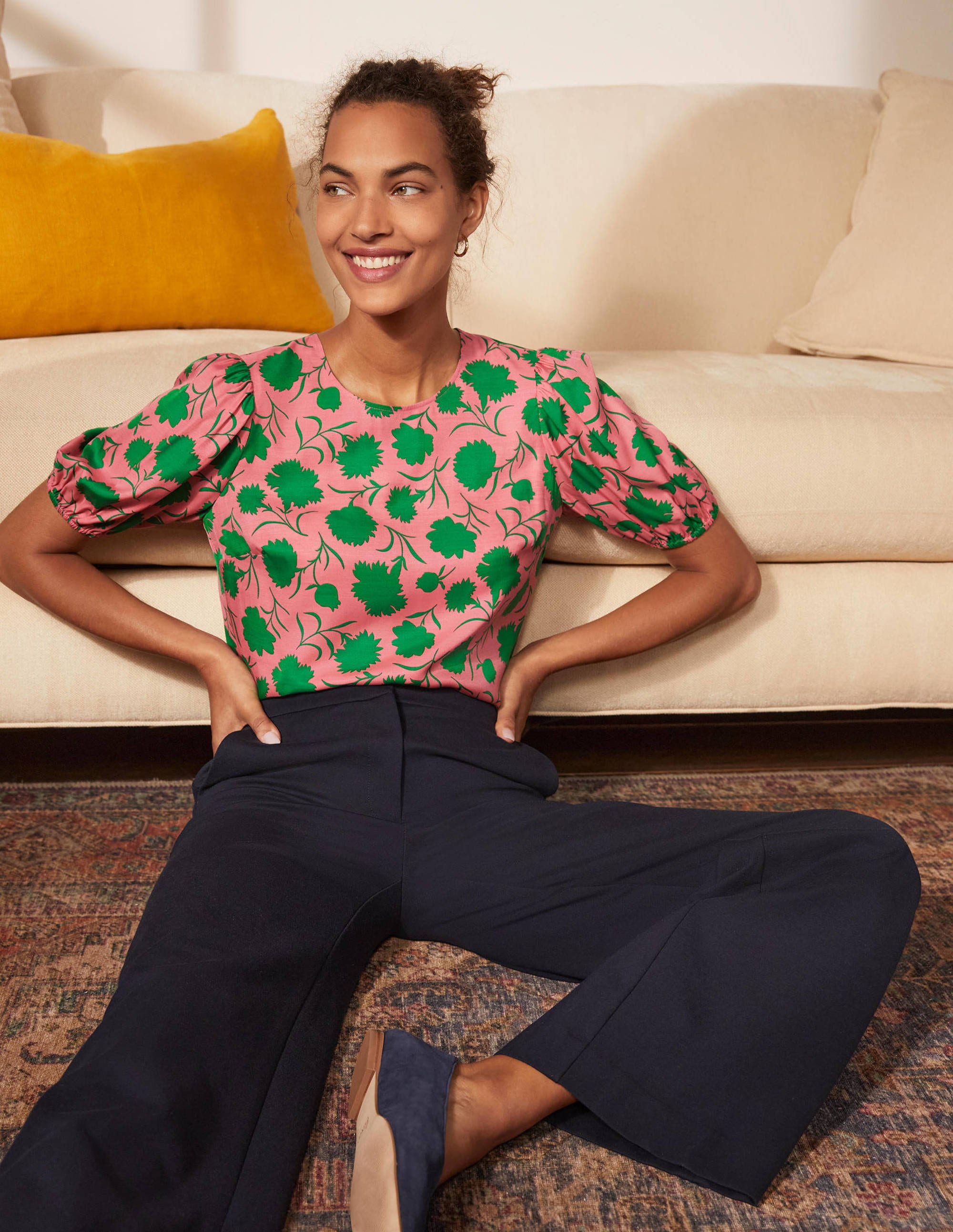 Adriana Puff Sleeve Top-Pink Lemonade, Leafy Bud - Image 4