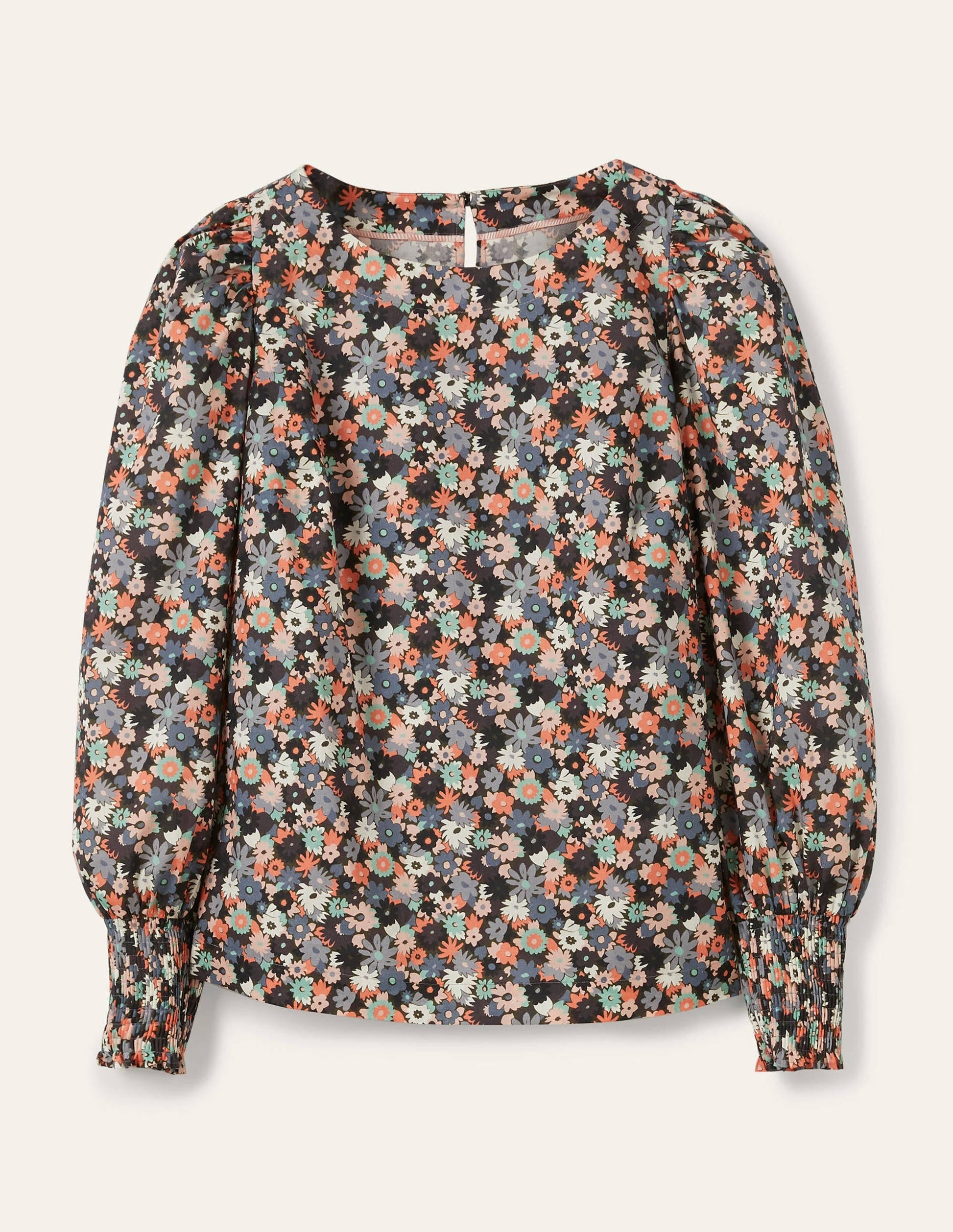 Smocked Cuff Cotton Top-Tin Grey, Paintbox Ditsy-5