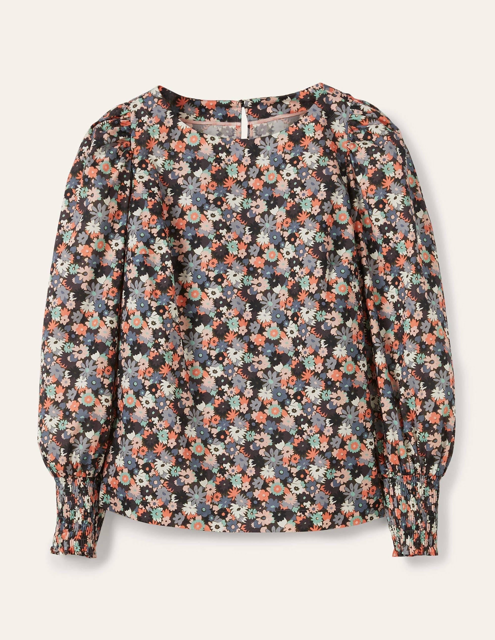 Smocked Cuff Cotton Top-Tin Grey, Paintbox Ditsy - Image 5