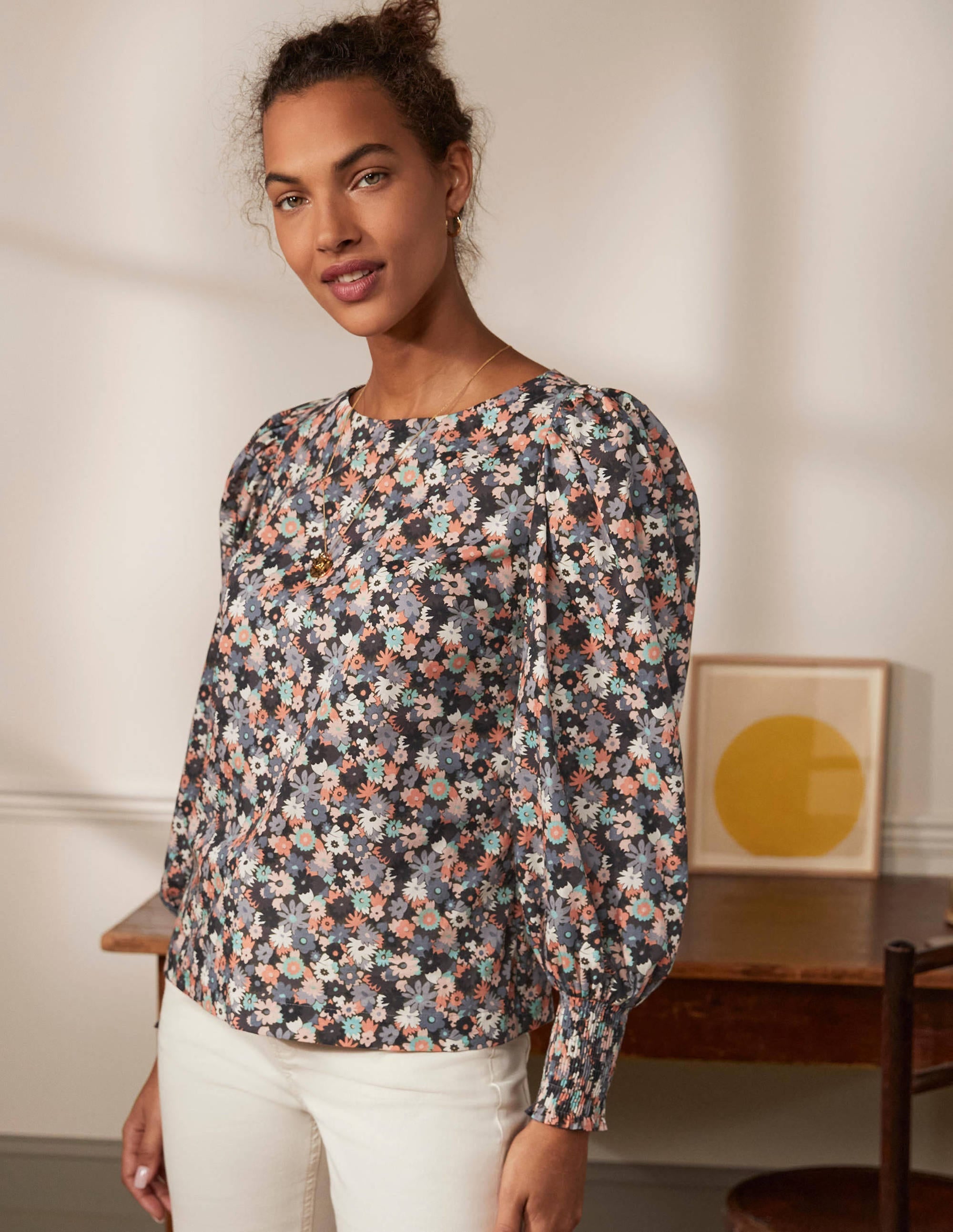 Smocked Cuff Cotton Top-Tin Grey, Paintbox Ditsy - Image 3