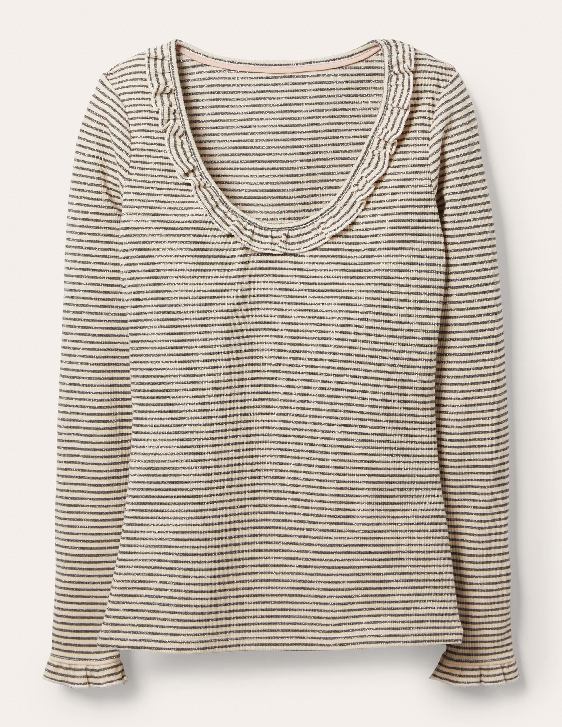 Scoop Rib Frill Jersey Top-Oatmeal Marl, Gunmetal Stripe-5
