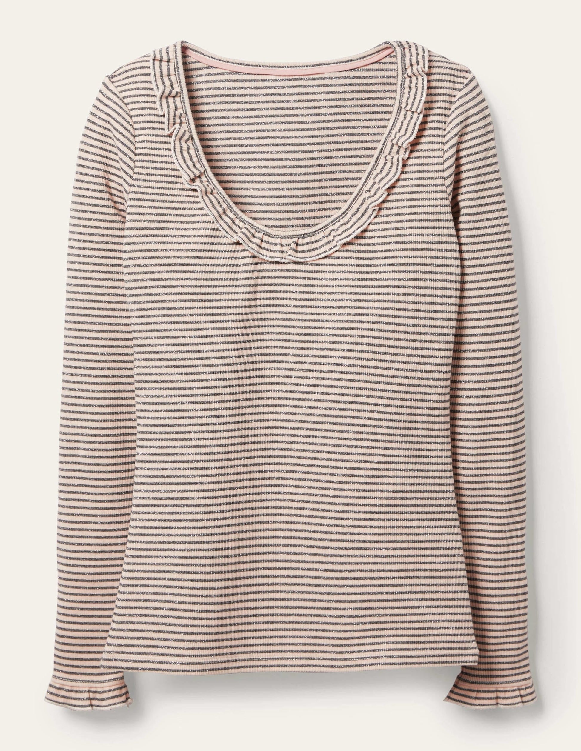 Scoop Rib Frill Jersey Top-Oatmeal Marl, Gunmetal Stripe-6