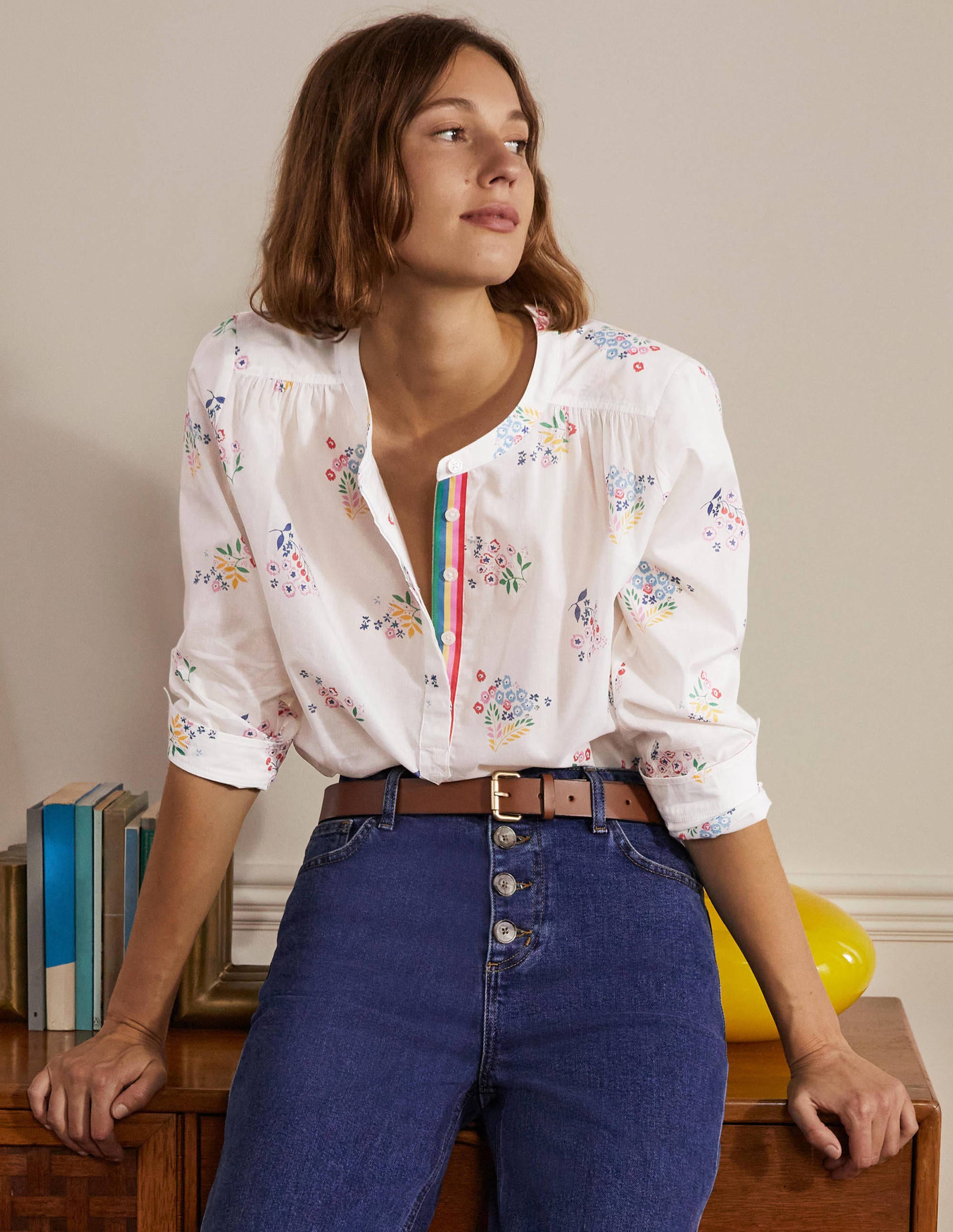 Relaxed Popover Cotton Shirt-Ivory, Delicate Sprig - Image 4