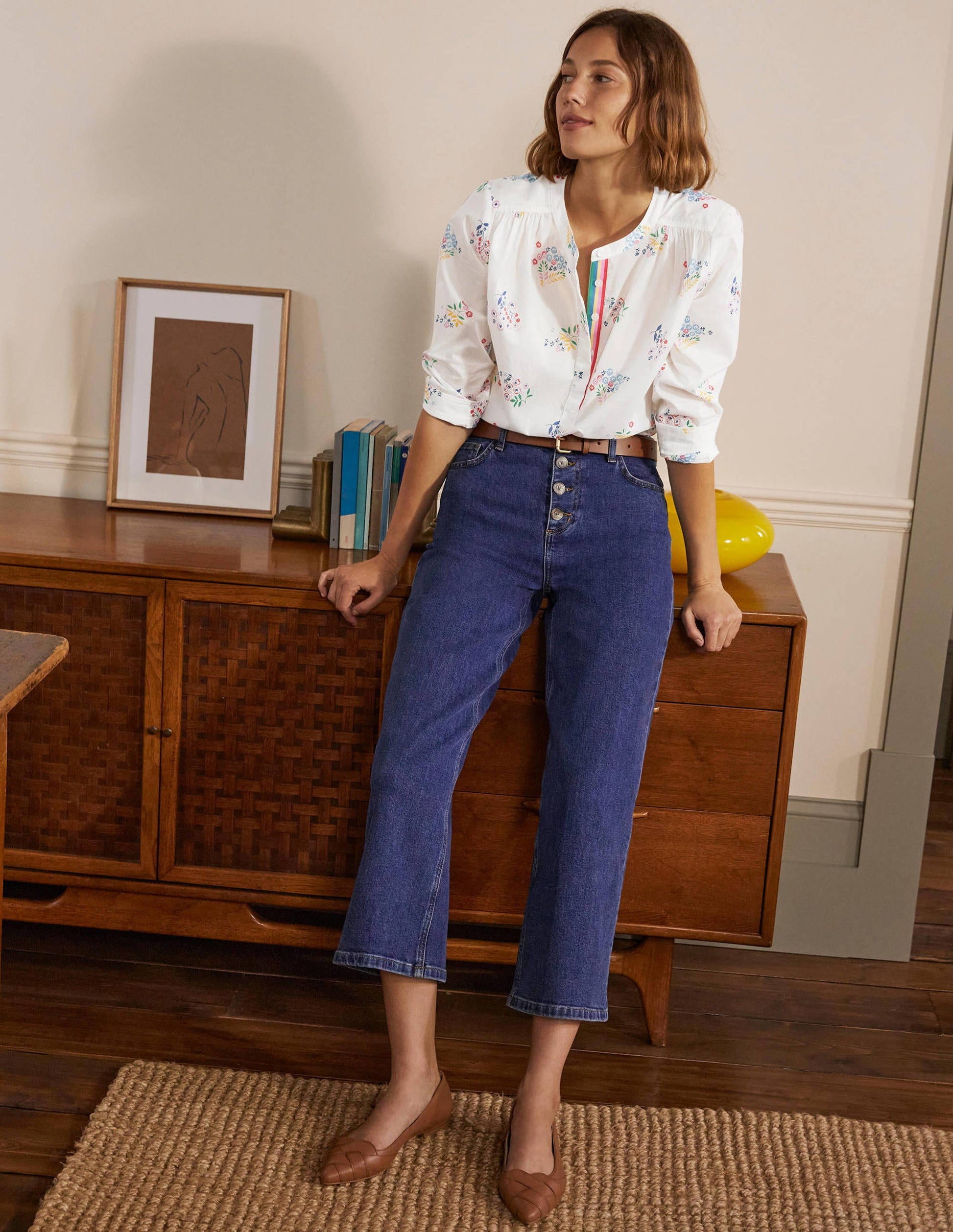 Relaxed Popover Cotton Shirt-Ivory, Delicate Sprig-3