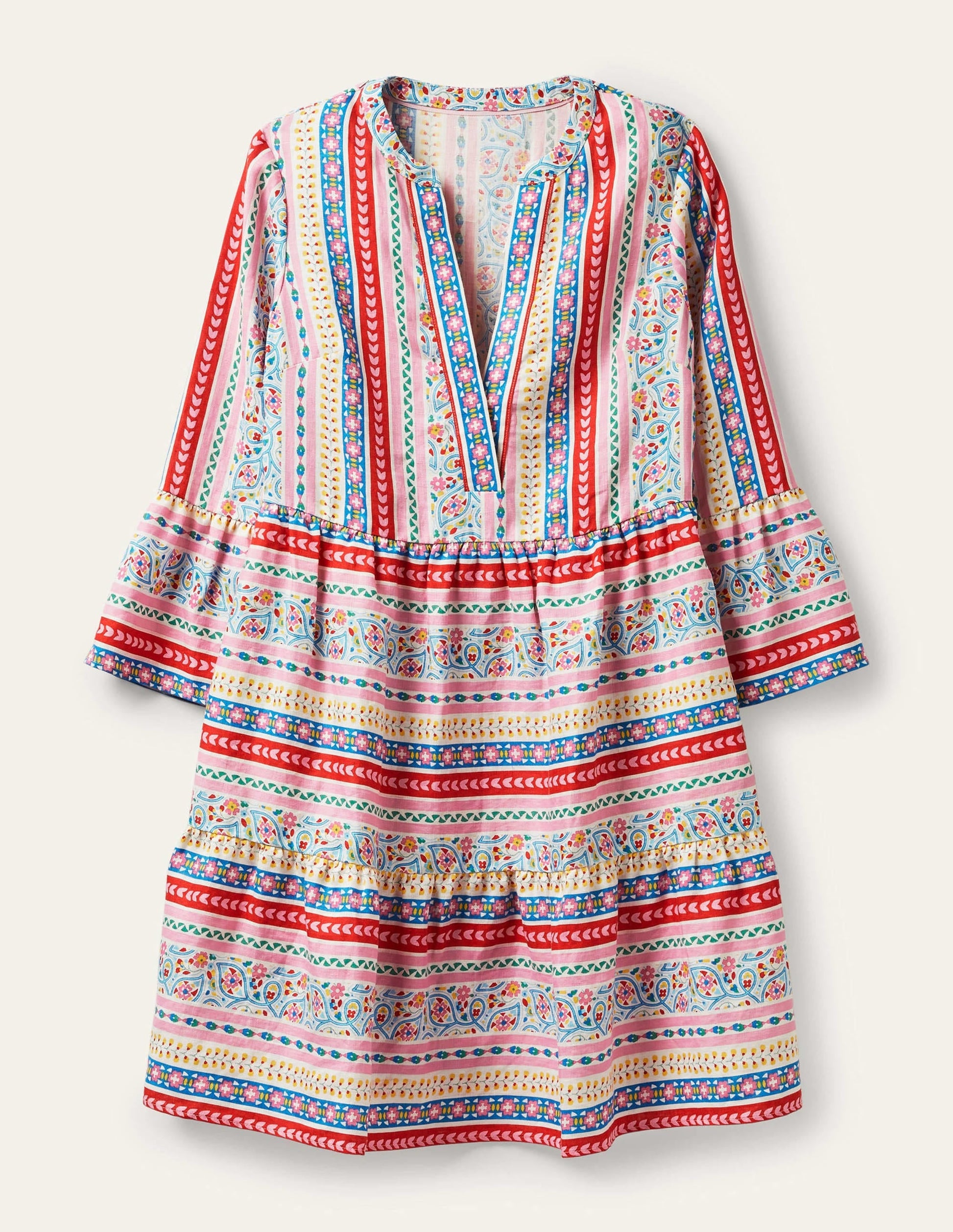 Relaxed Linen Tiered Dress-Ivory, Exotic Border-4