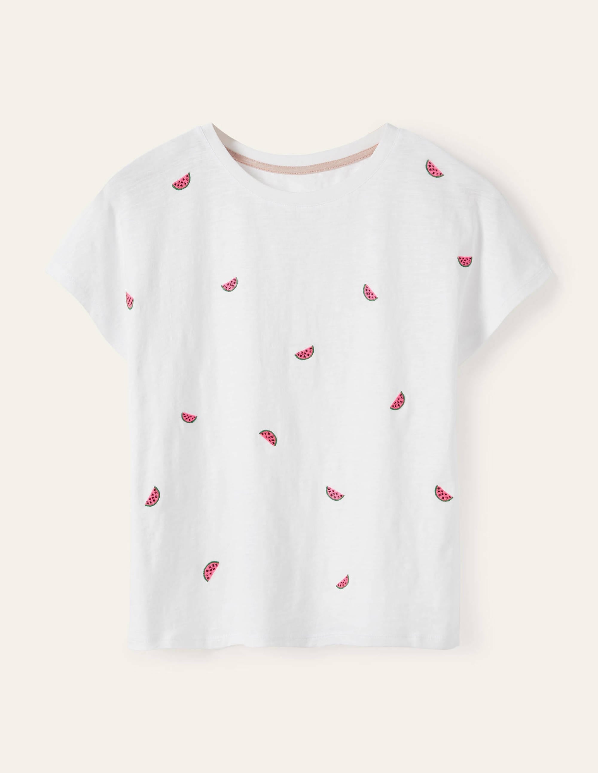 Lena Embroidered Jersey Tee-White, Embroidered Watermelons - Image 6