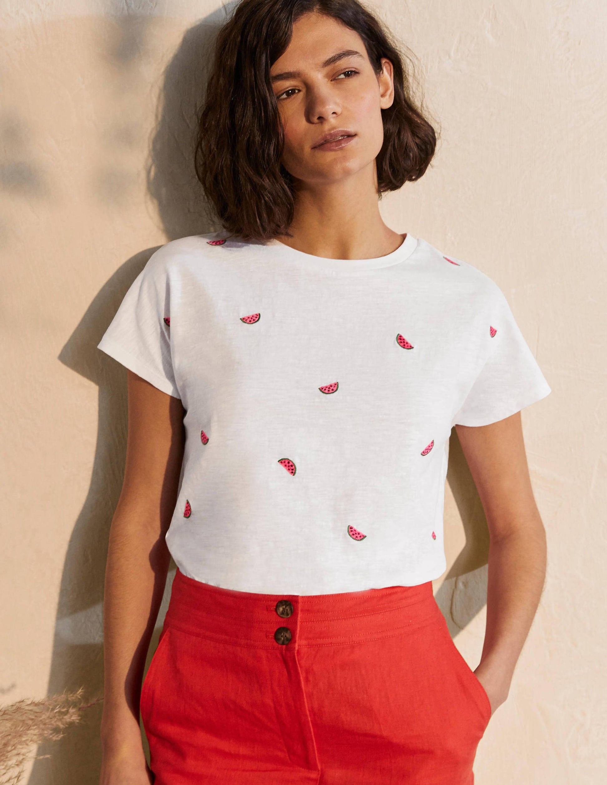 Lena Embroidered Jersey Tee-White, Embroidered Watermelons-1