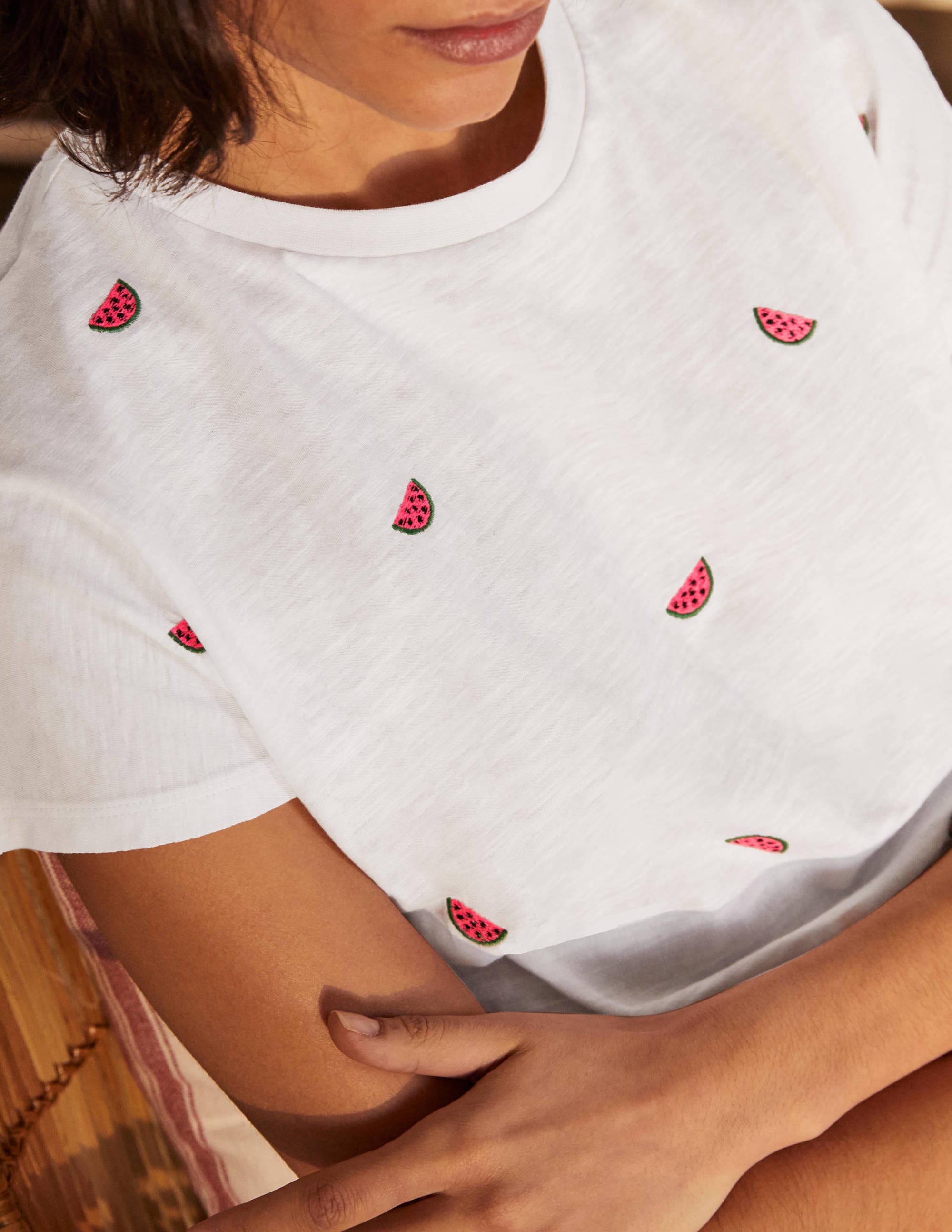 Lena Embroidered Jersey Tee-White, Embroidered Watermelons - Image 2